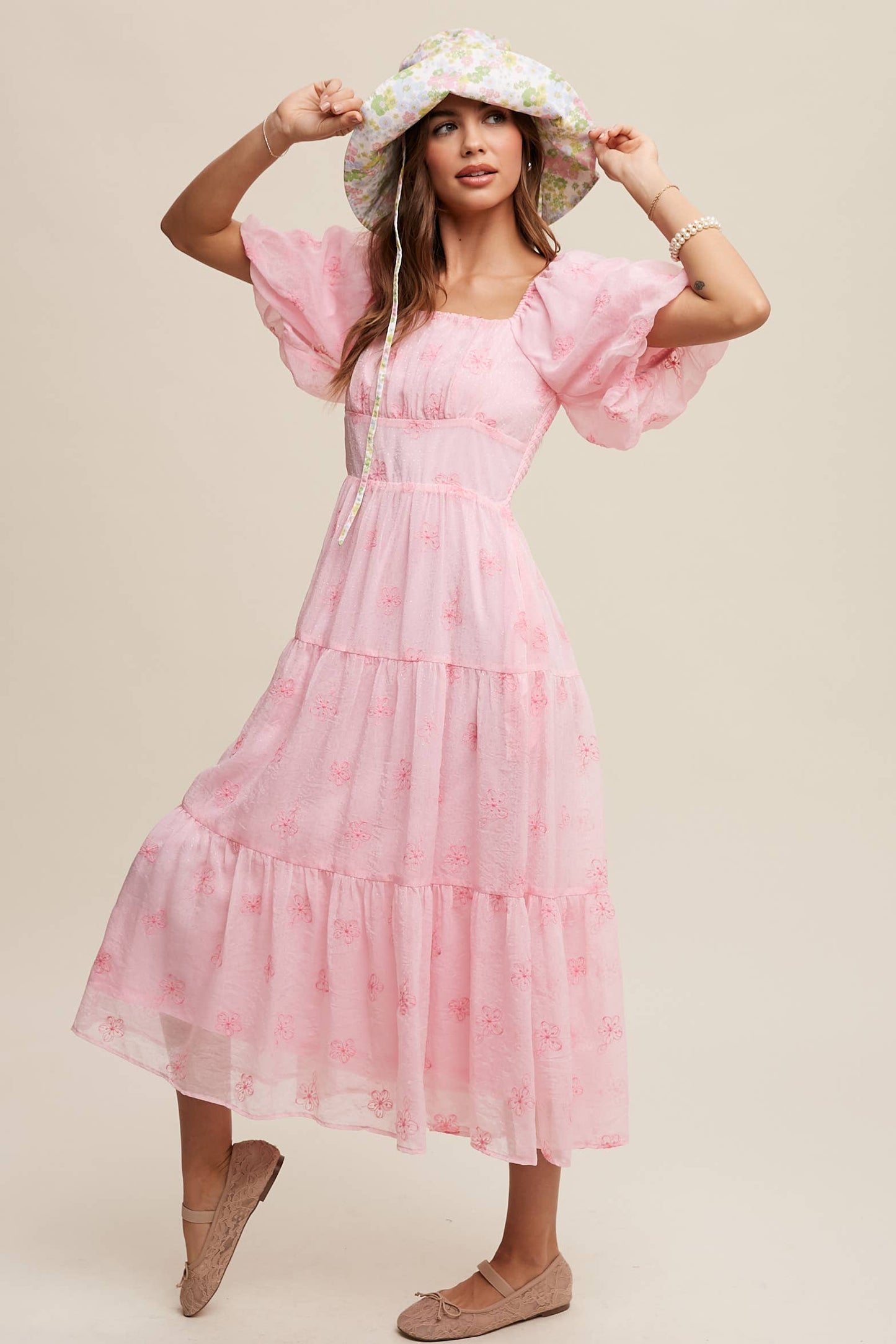 Ella Embroidered Puff Sleeve Tiered Midi Dress ~ Pink