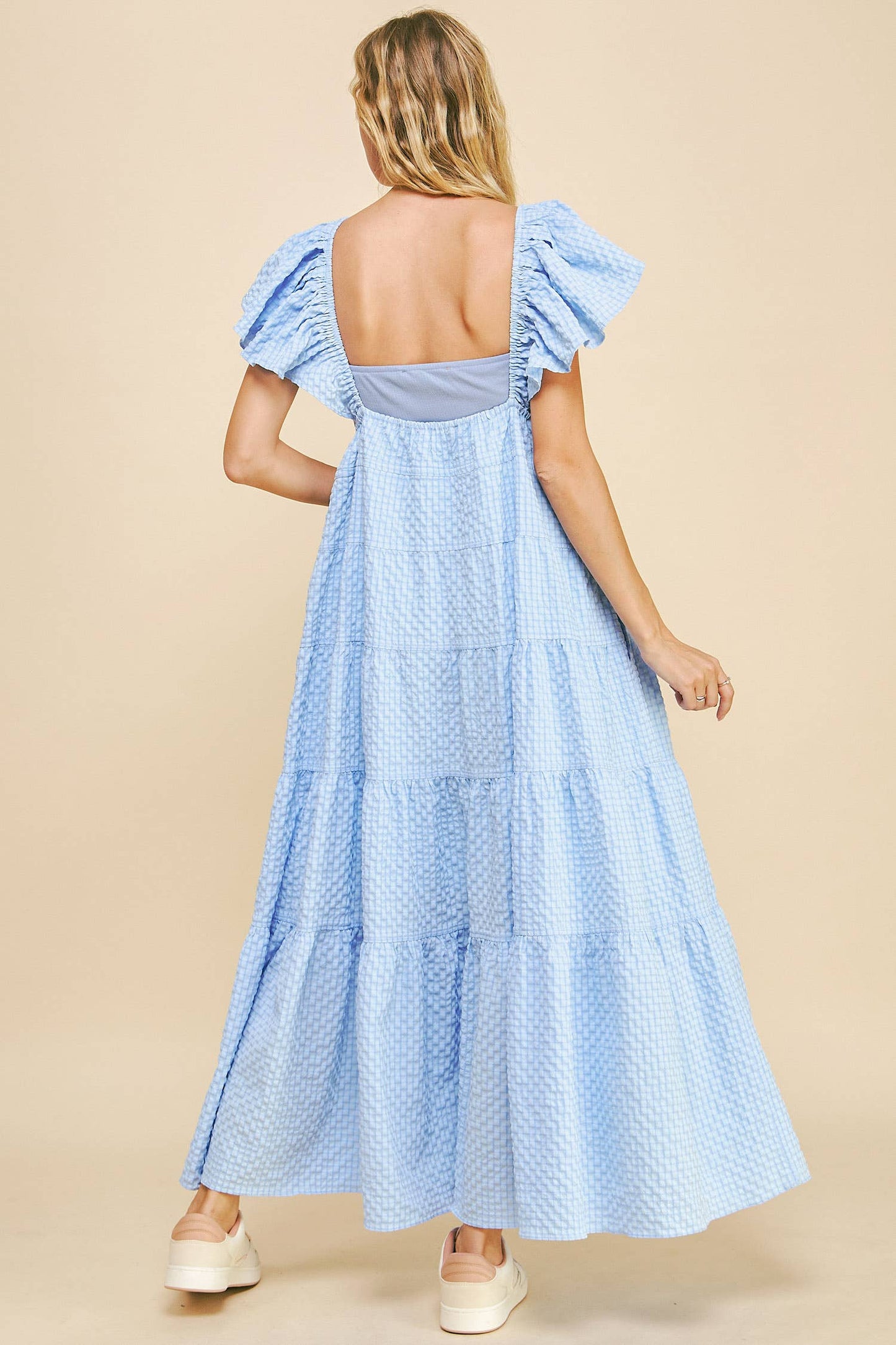 Cassie Crinkled Texture Flutter Sleeve Midi Dress ~ Light Blue