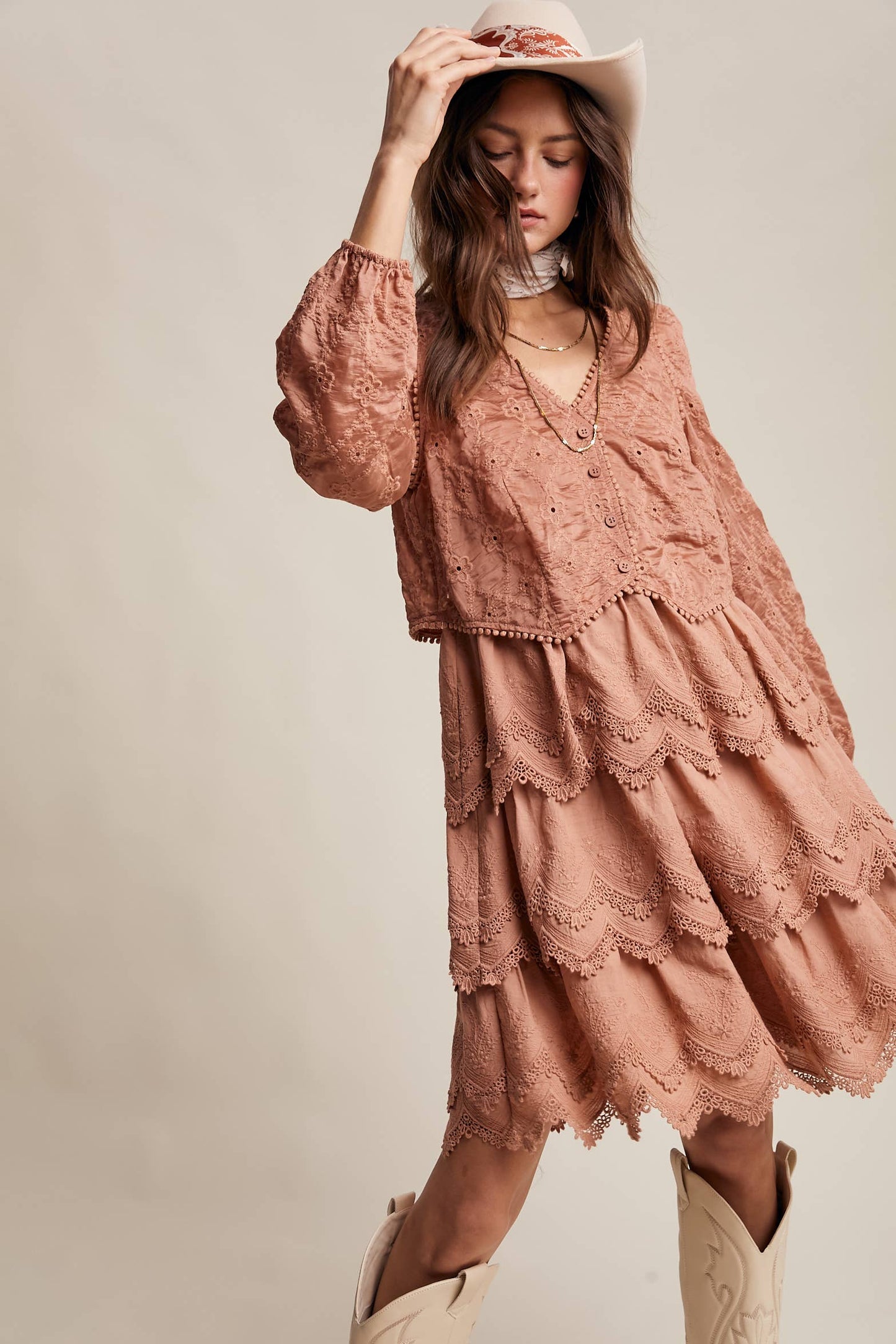Tamara Tiered Scallop Embroidered Dress ~ Terracotta