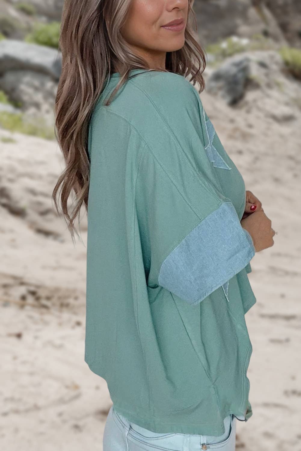 Charlie Frayed Star Denim Patchwork Oversize Top ~ Mint