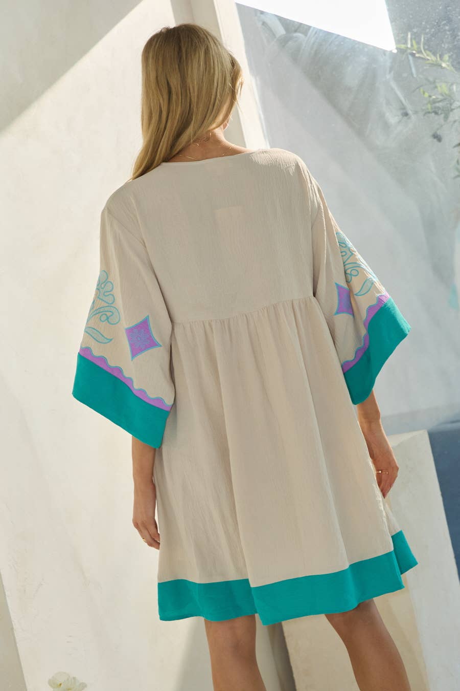 Emily Embroidered Plunge V Neck Mini Dress ~ Turquoise