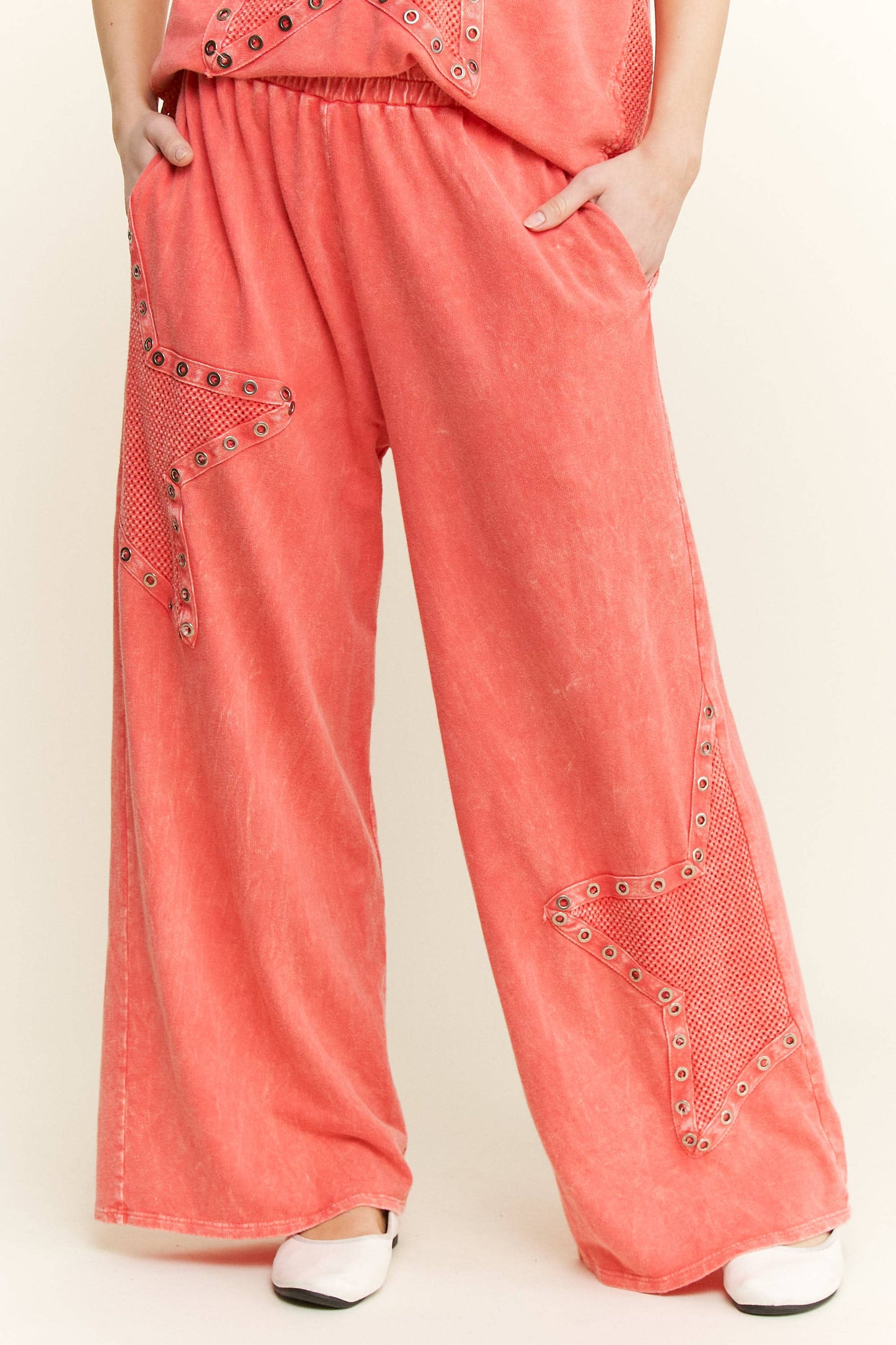 Millie Mineral Wash Mesh Star Pants ~ Orange Red