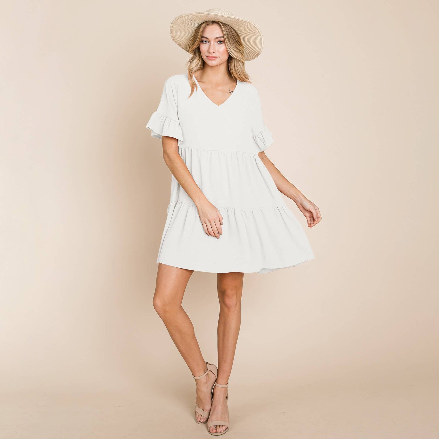 Leona Pleated Flutter Ruffle Sleeve Dress ~ White