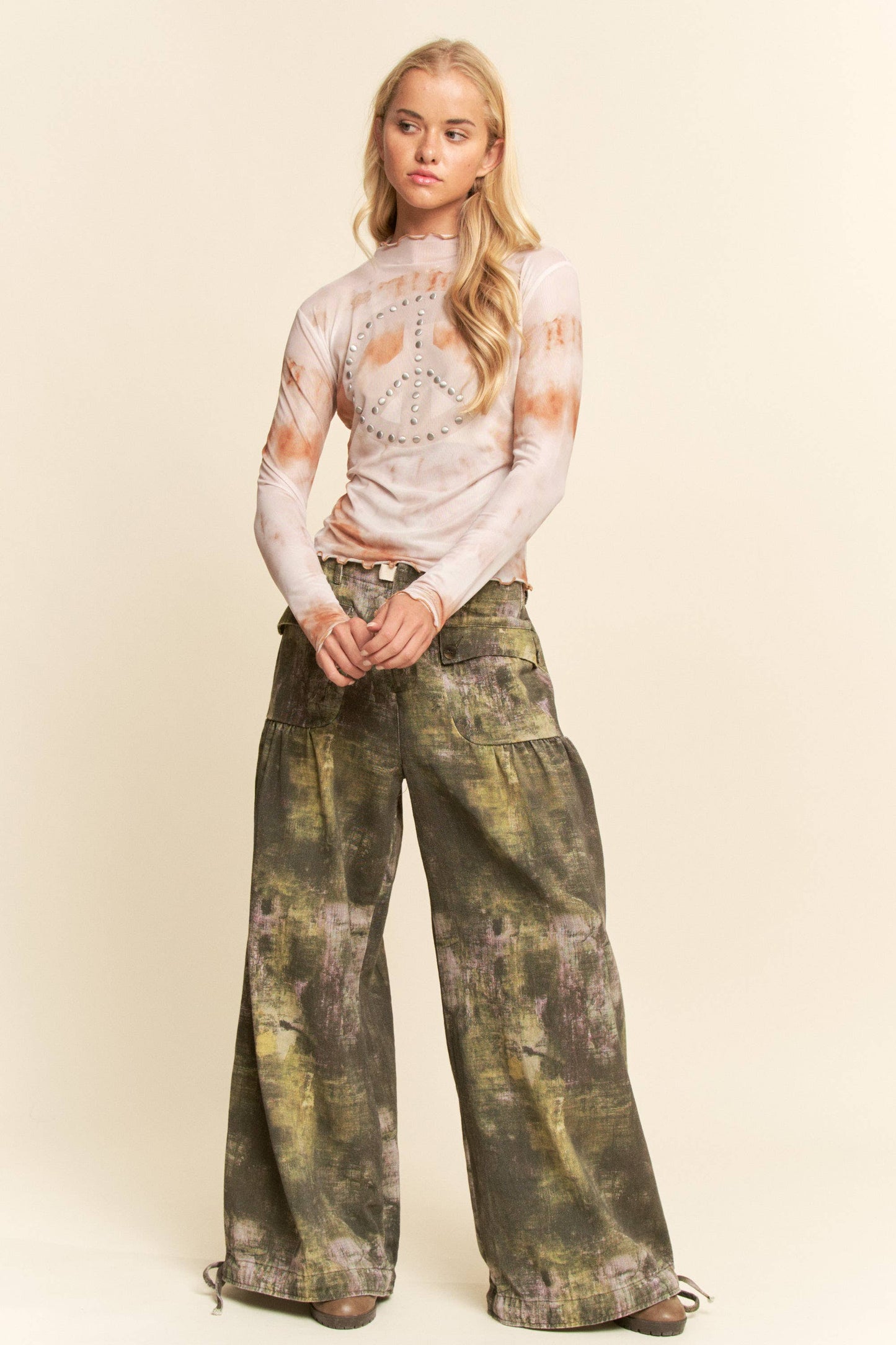 Tatum Tie Dyed Mesh Peace Studs Top ~ Taupe