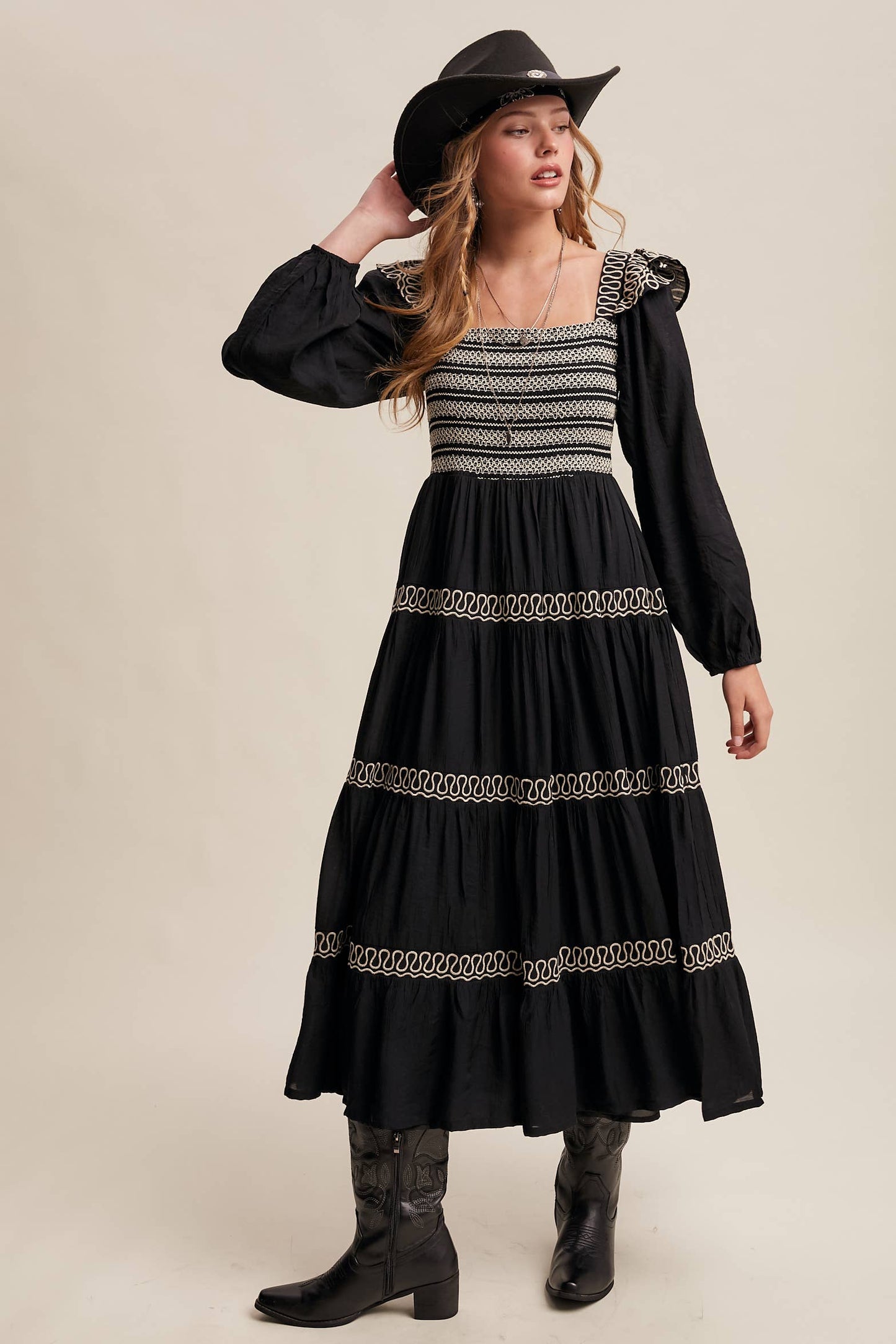 Sammie Smocked Western Maxi Dress ~ Black