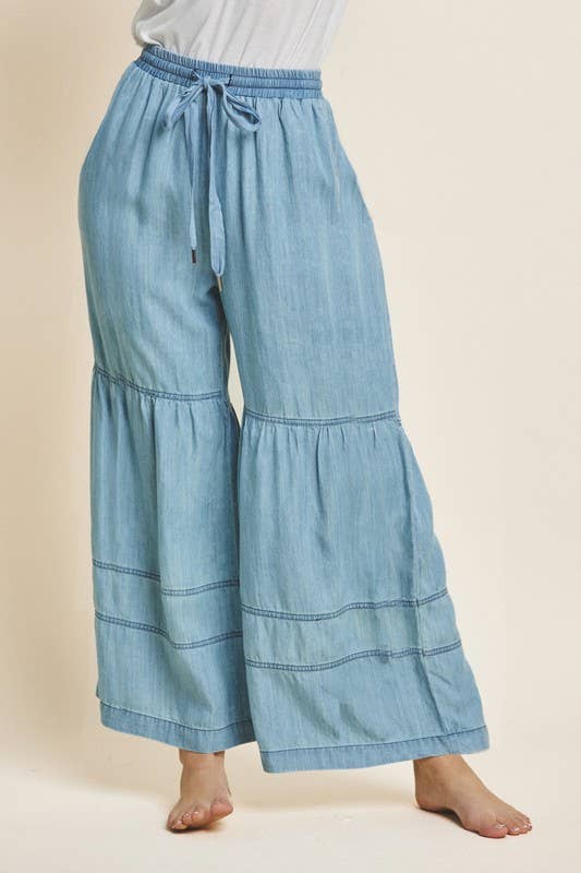 Trinity Tiered Wide Leg Pants ~ Washed Chambray