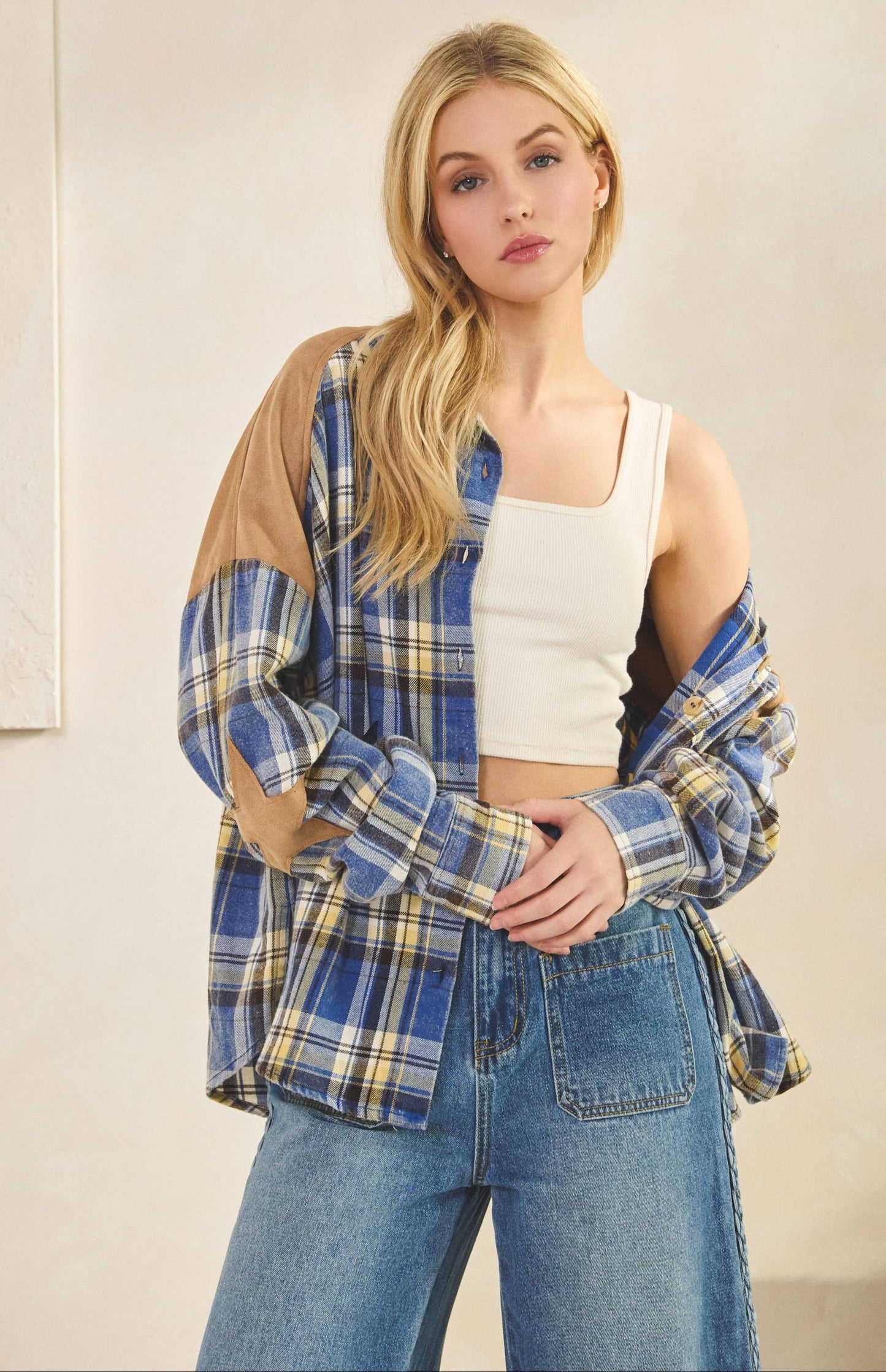 Skylar Star Patchwork Plaid Flannel Shirt ~ Blue