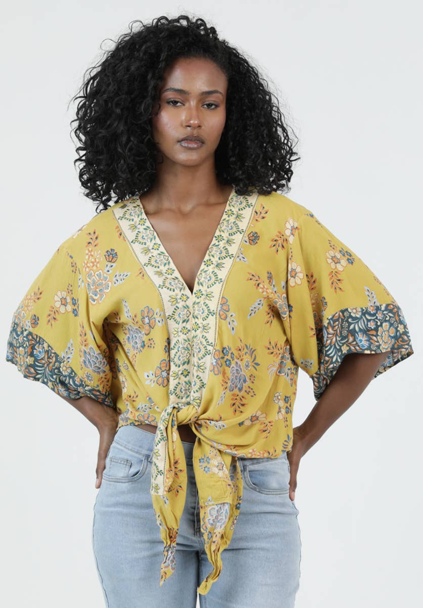 Shelia V Neck Tie Front Floral Top ~ Mustard