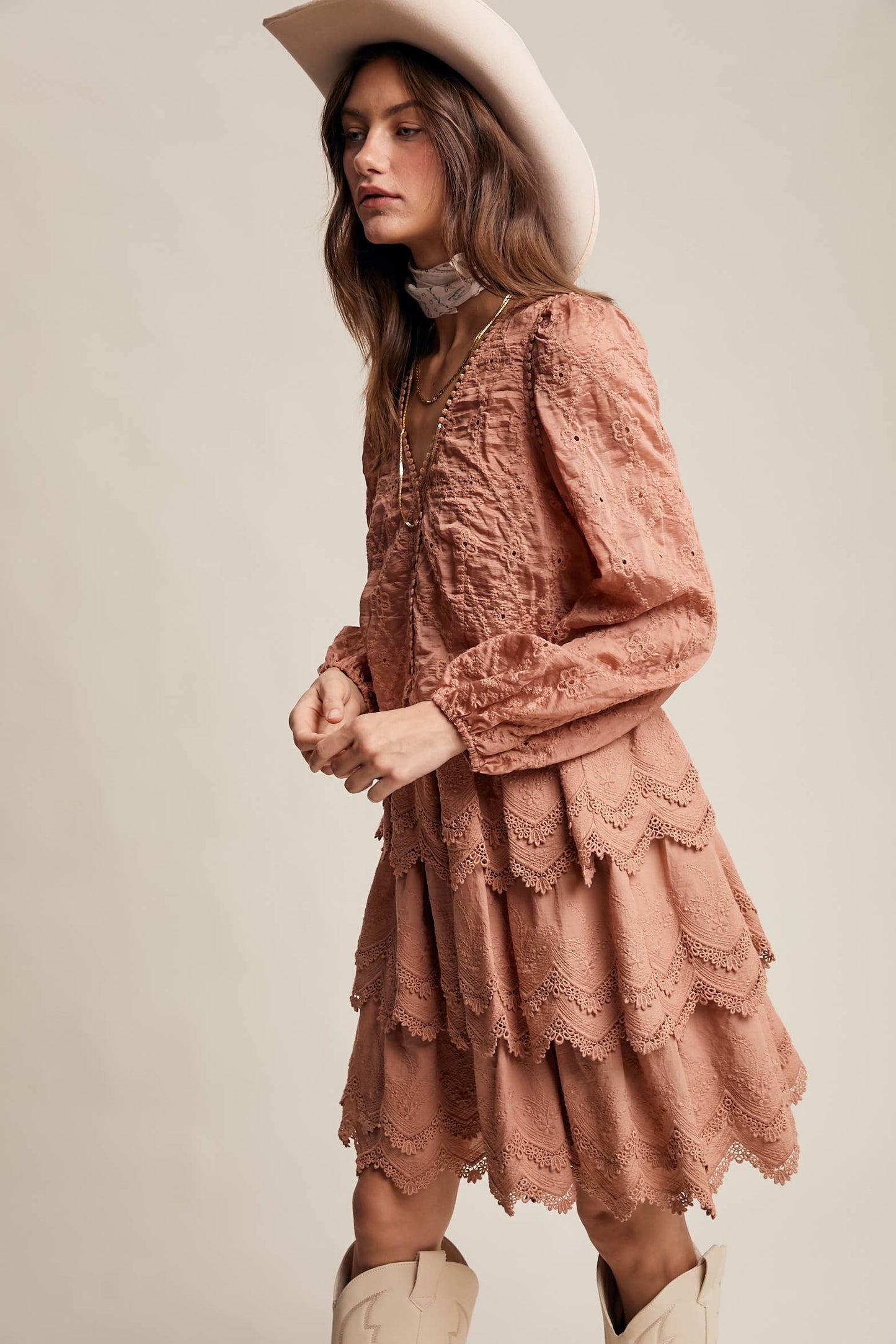 Tamara Tiered Scallop Embroidered Dress ~ Terracotta