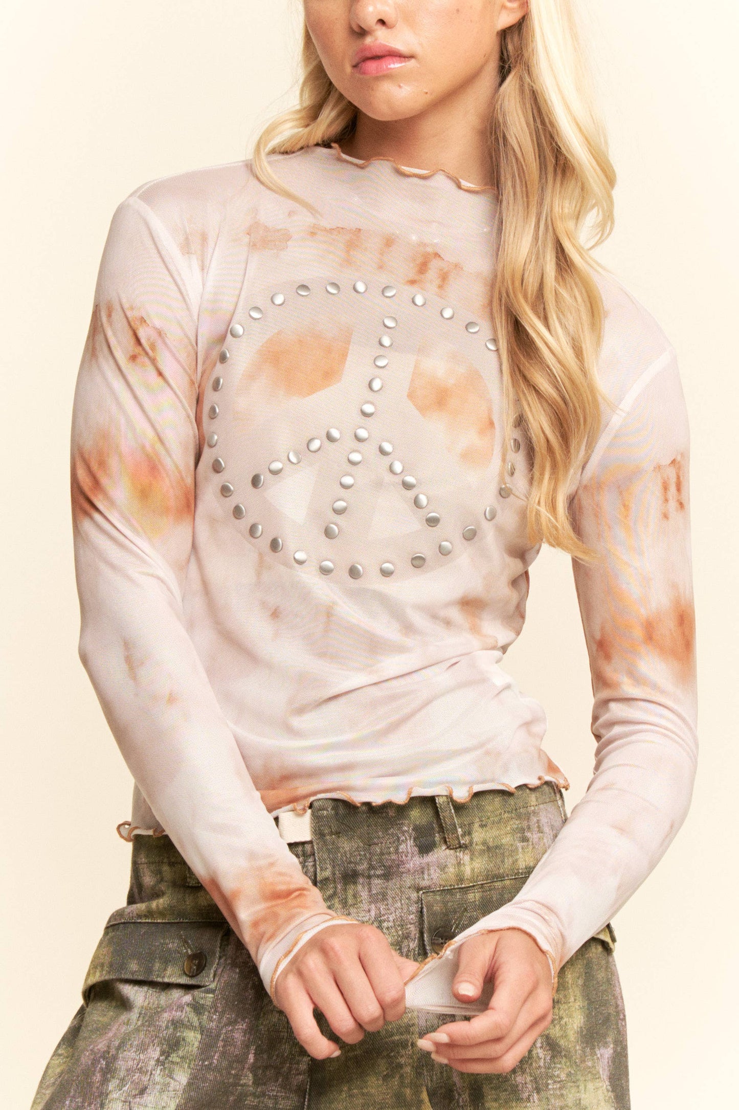 Tatum Tie Dyed Mesh Peace Studs Top ~ Taupe