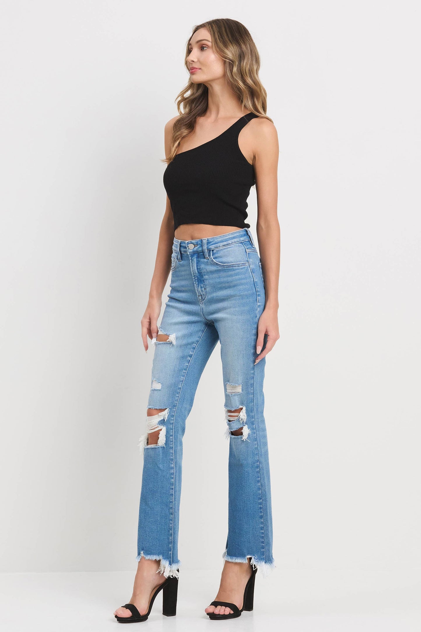 Katie Knee Distress Crop Flare Jeans ~ Light Wash