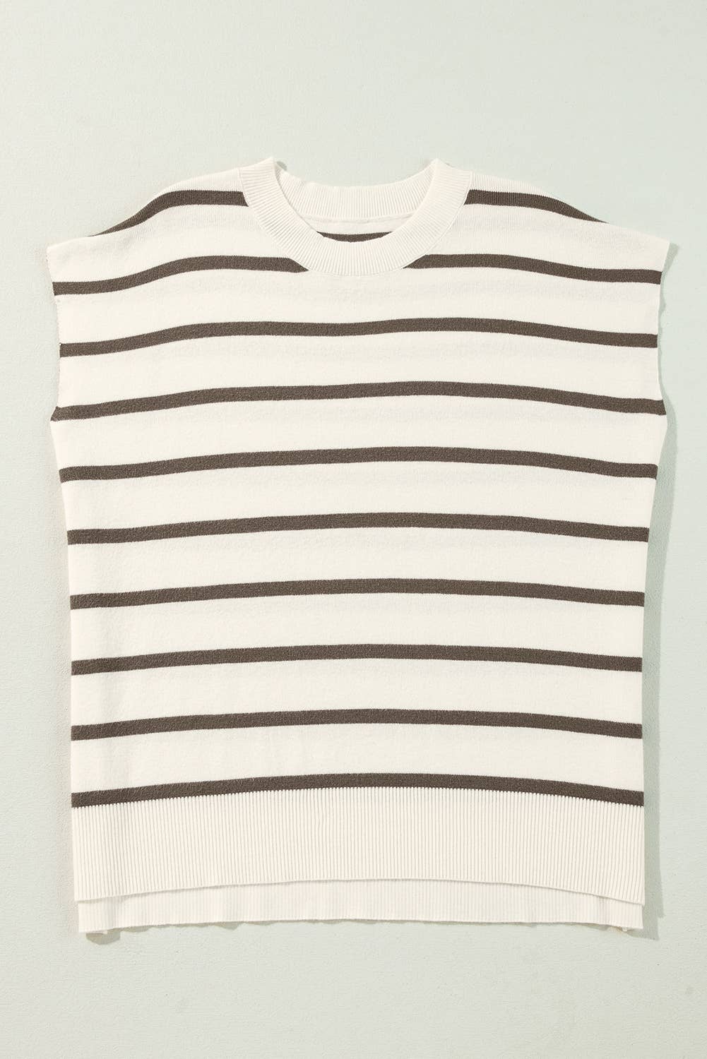 Stacey Striped Side Slits Short Sleeve Sweater Top ~ Cream