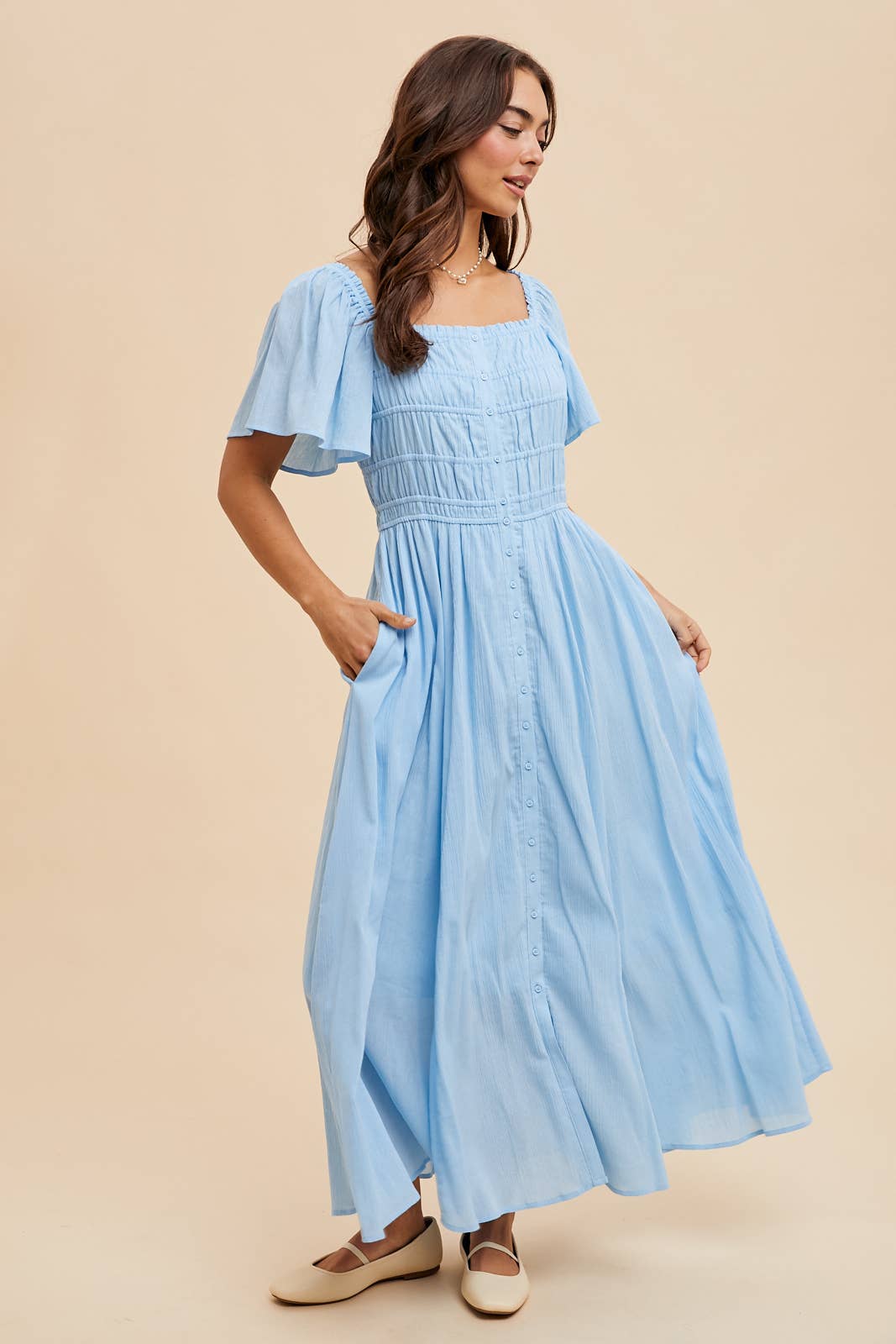 Sadie Shirred Bodice Button Maxi Dress ~ Airy Blue