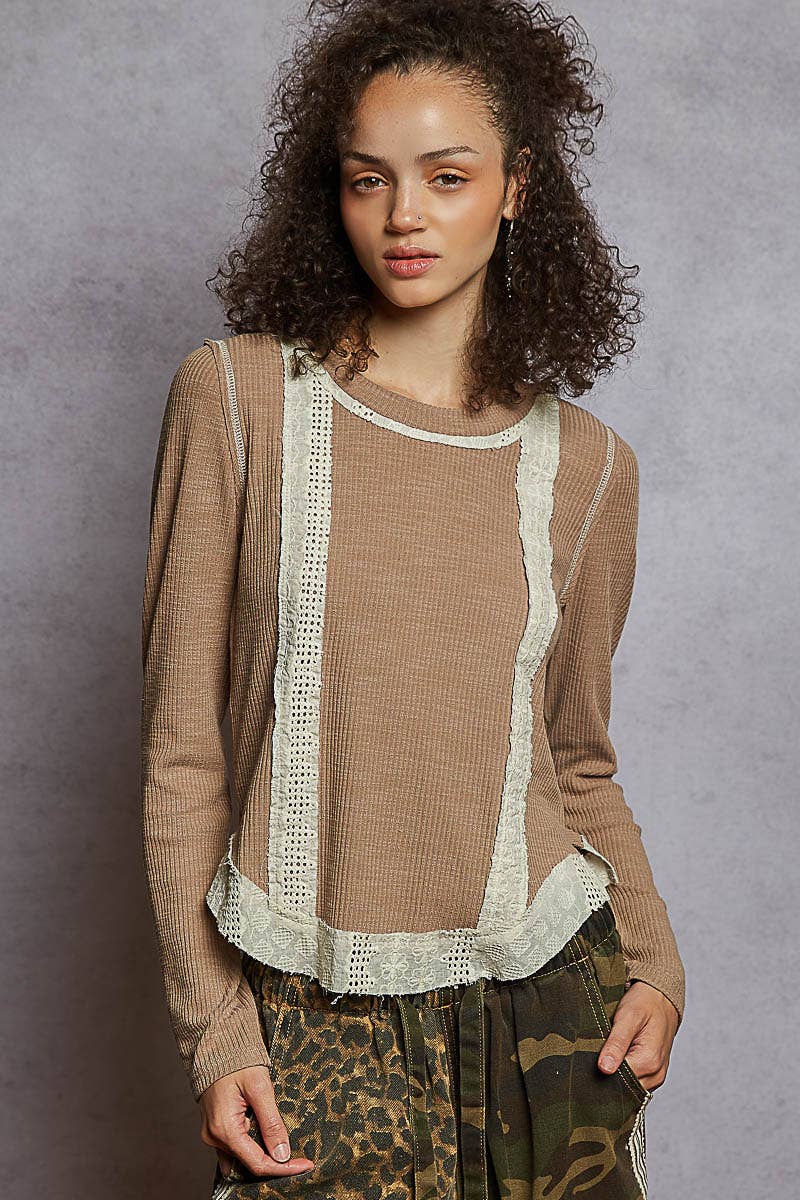 Regan Raw Edge Eyelet Patch Rib Knit Top ~ Mocha Mousse