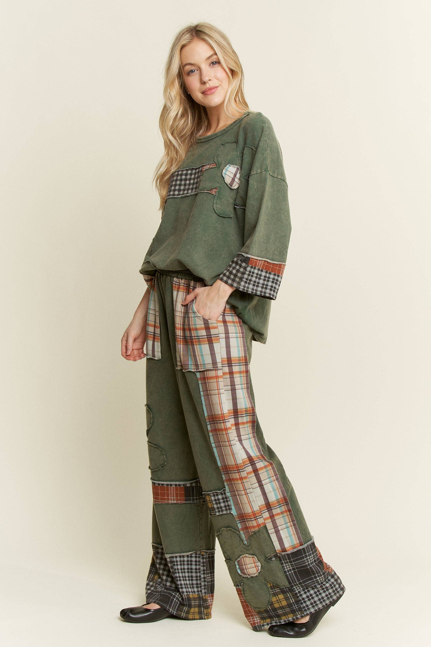 Massie Mineral Washed Plaid Daisy Pants ~ Dark Olive