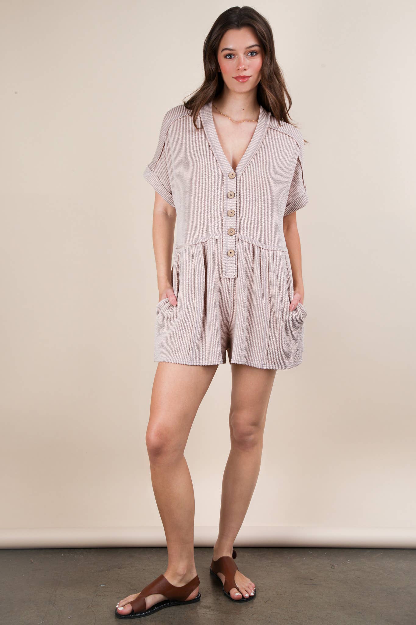 Trinity Two Tone Ribbed Knit Romper ~ Oatmeal