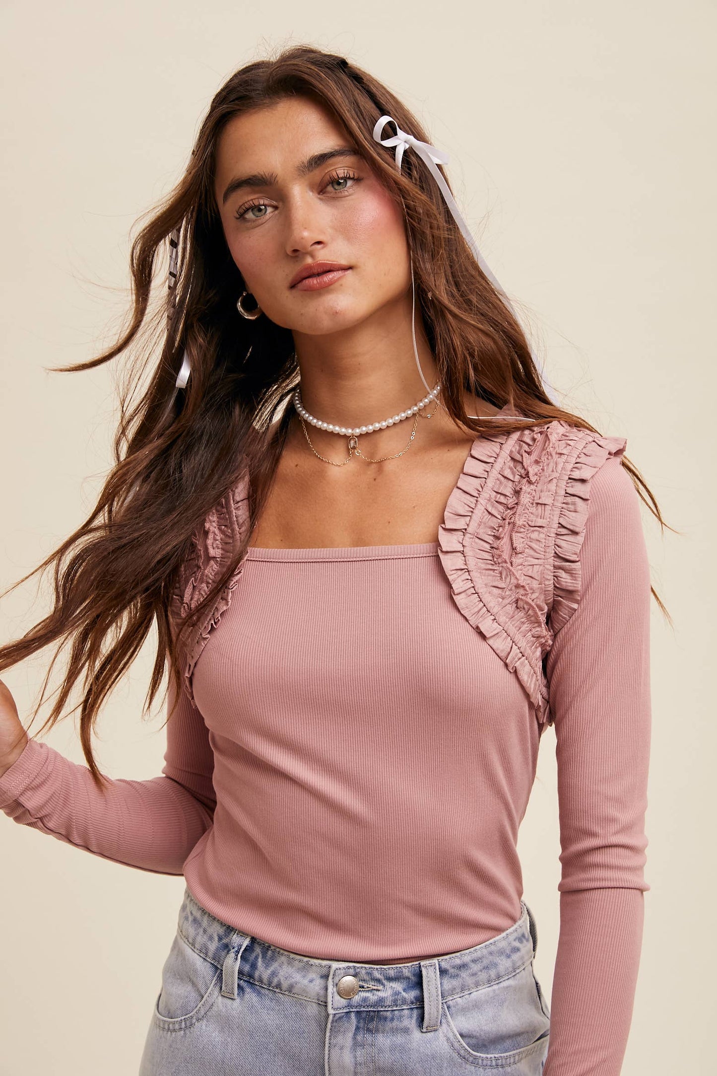 Sophie Square Neck Ruffle Accent Top ~ Dusty Rose