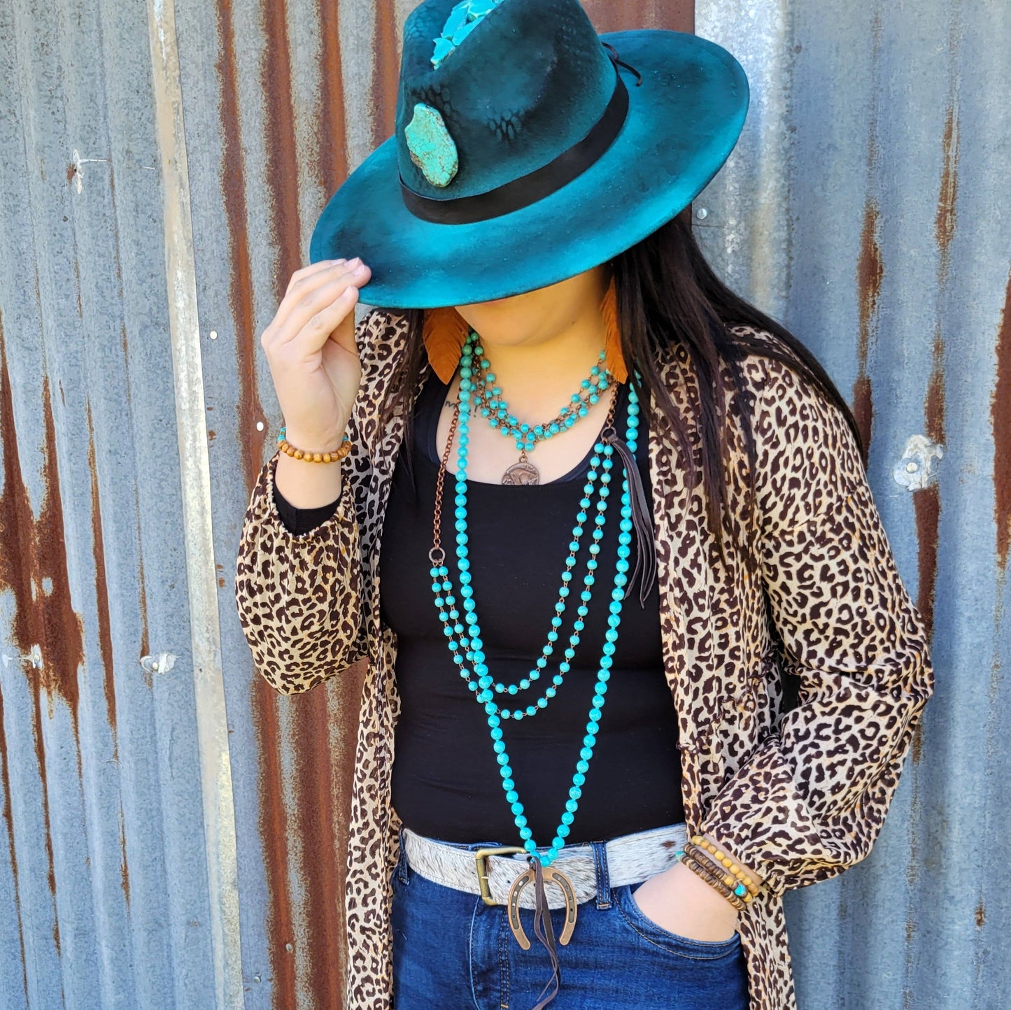 Blue Turquoise Beaded Necklace Leather Tassel