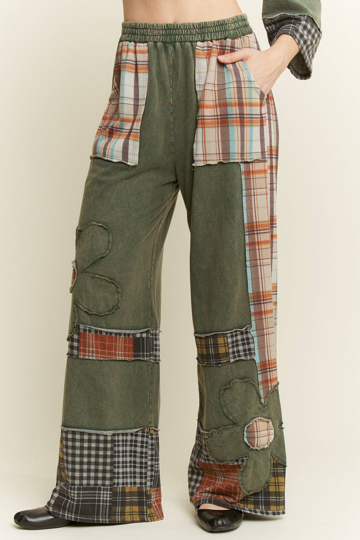 Massie Mineral Washed Plaid Daisy Pants ~ Dark Olive