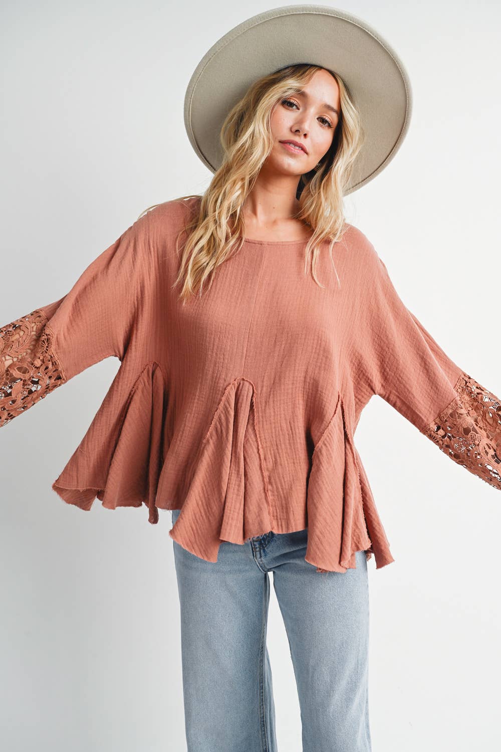 Carrie Crochet Trimmed Sleeve Top ~ Clay