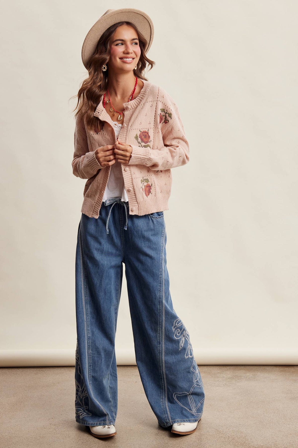 Emma Embroidered Wide Leg Denim Pants ~ Sunwash Blue