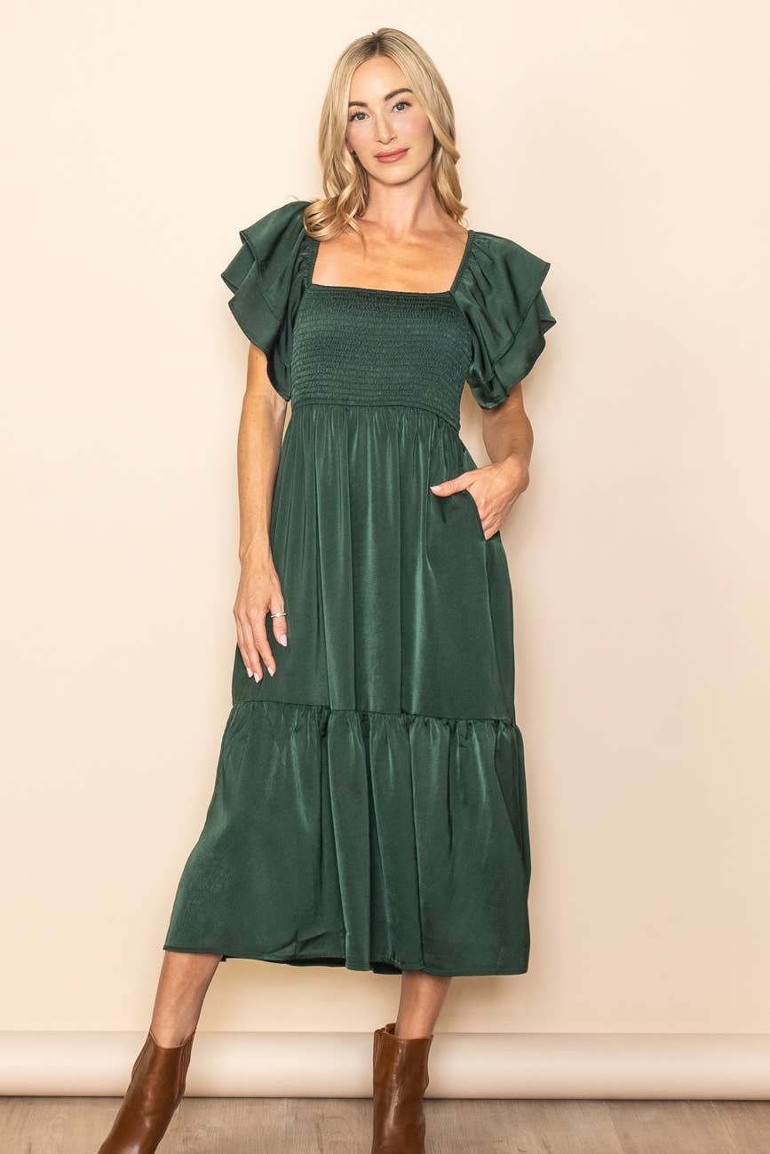 Sloane Satin Flowy Flutter Sleeve Smocked Dress