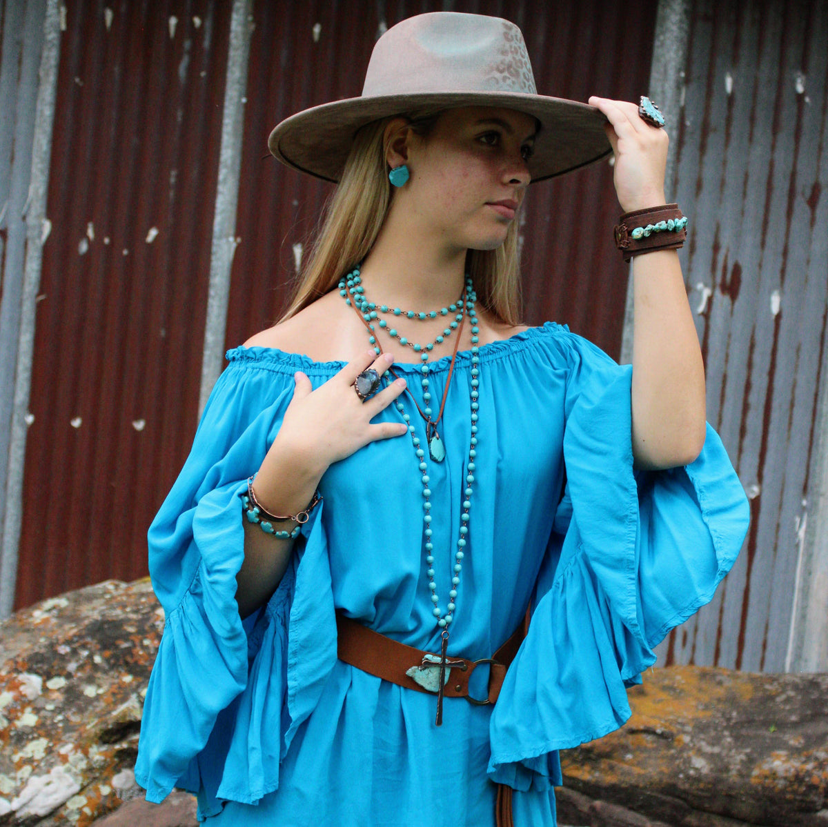 Lariat Blue Turquoise Necklace w/ Copper Feather