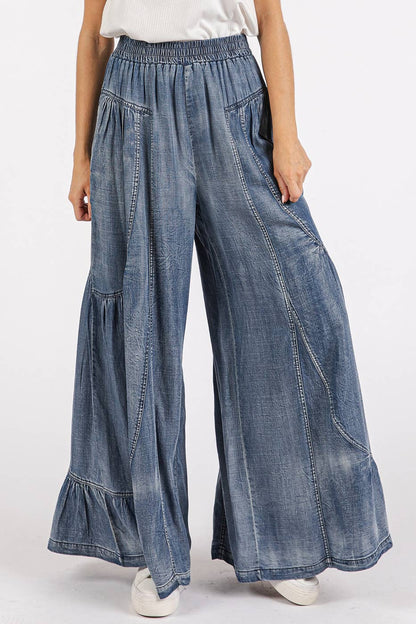 Nellie Washed Tier Detail Wide Leg Pants ~ Chambray