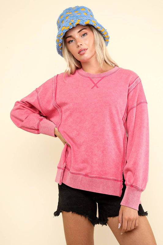 Mya Mineral Washed French Terry Oversized Knit Top ~ Pink