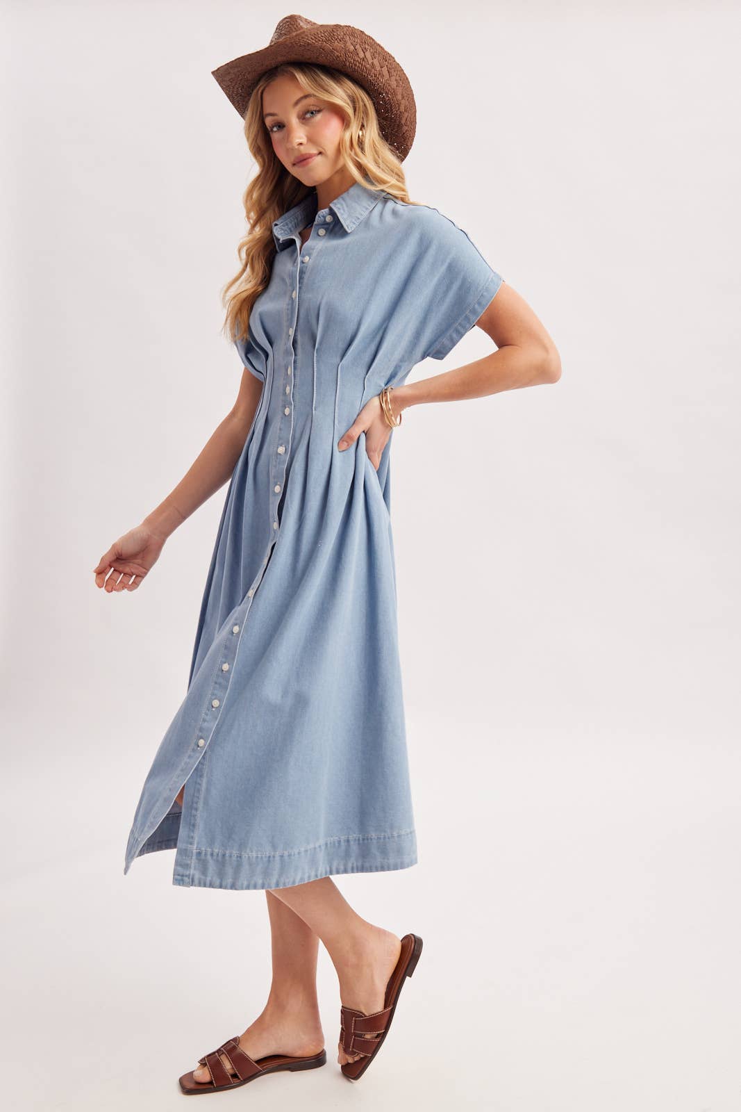 Bailey Pleated Waist Button Down Shirt Dress ~ Light Denim