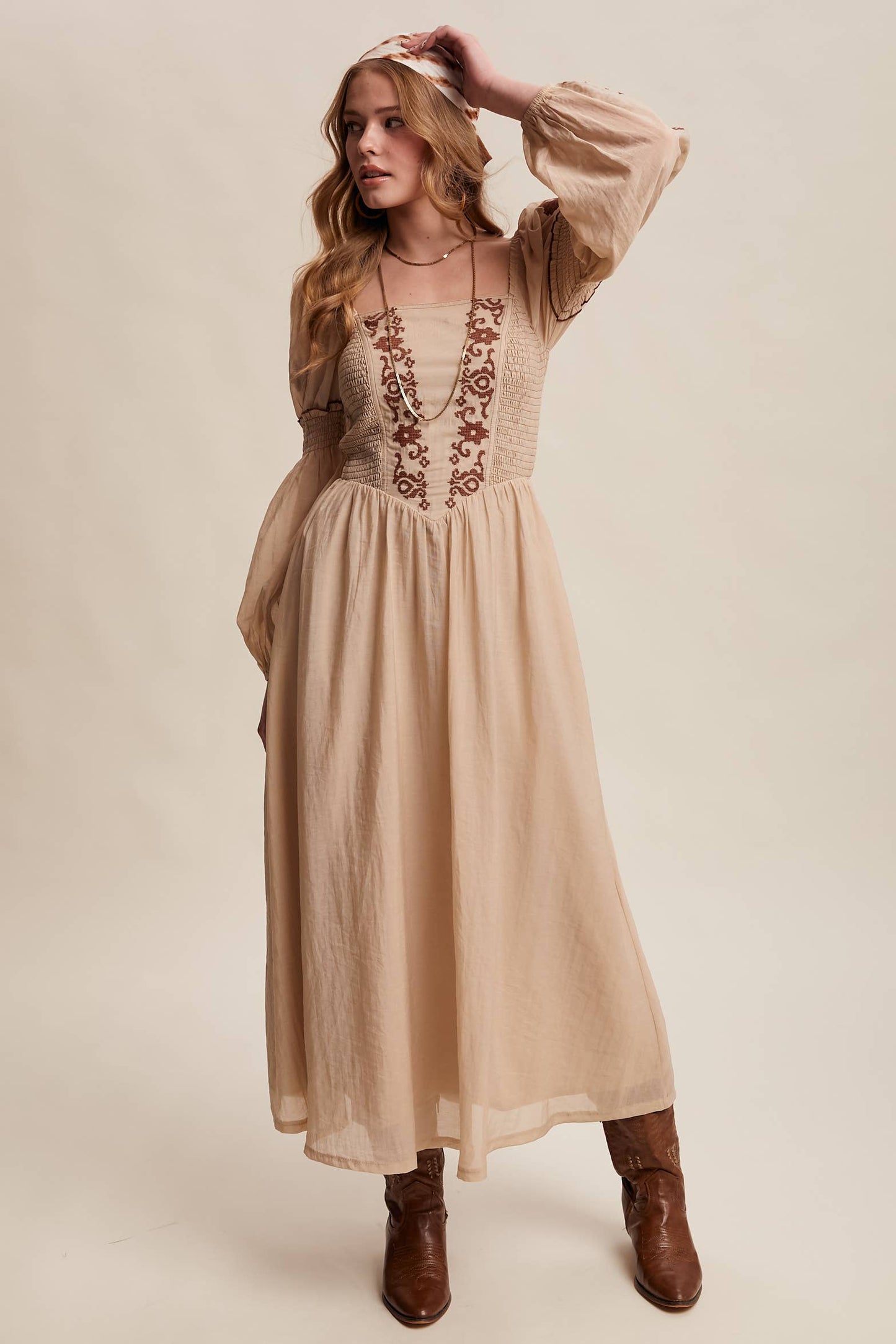 Emma Embroidered Square Neck Puff Sleeve Maxi Dress ~ Taupe