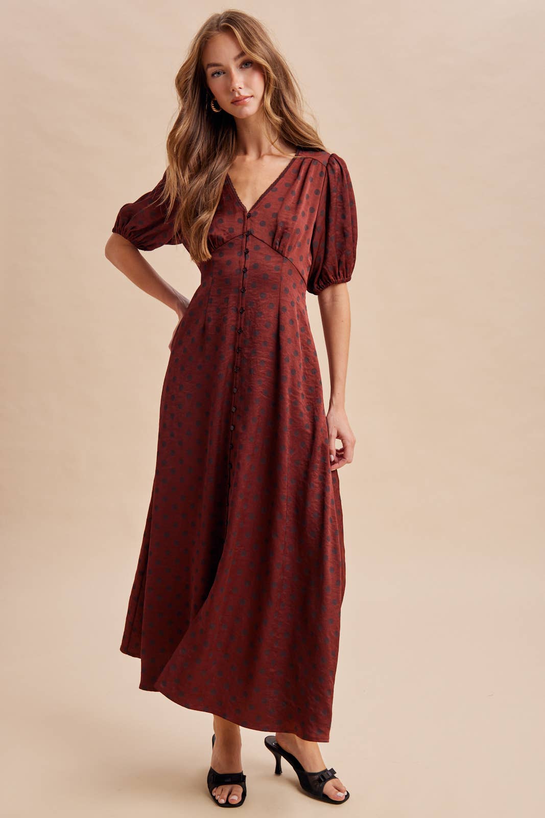 Melanie Satin Polka Dot Button Down Dress ~ Bordeaux