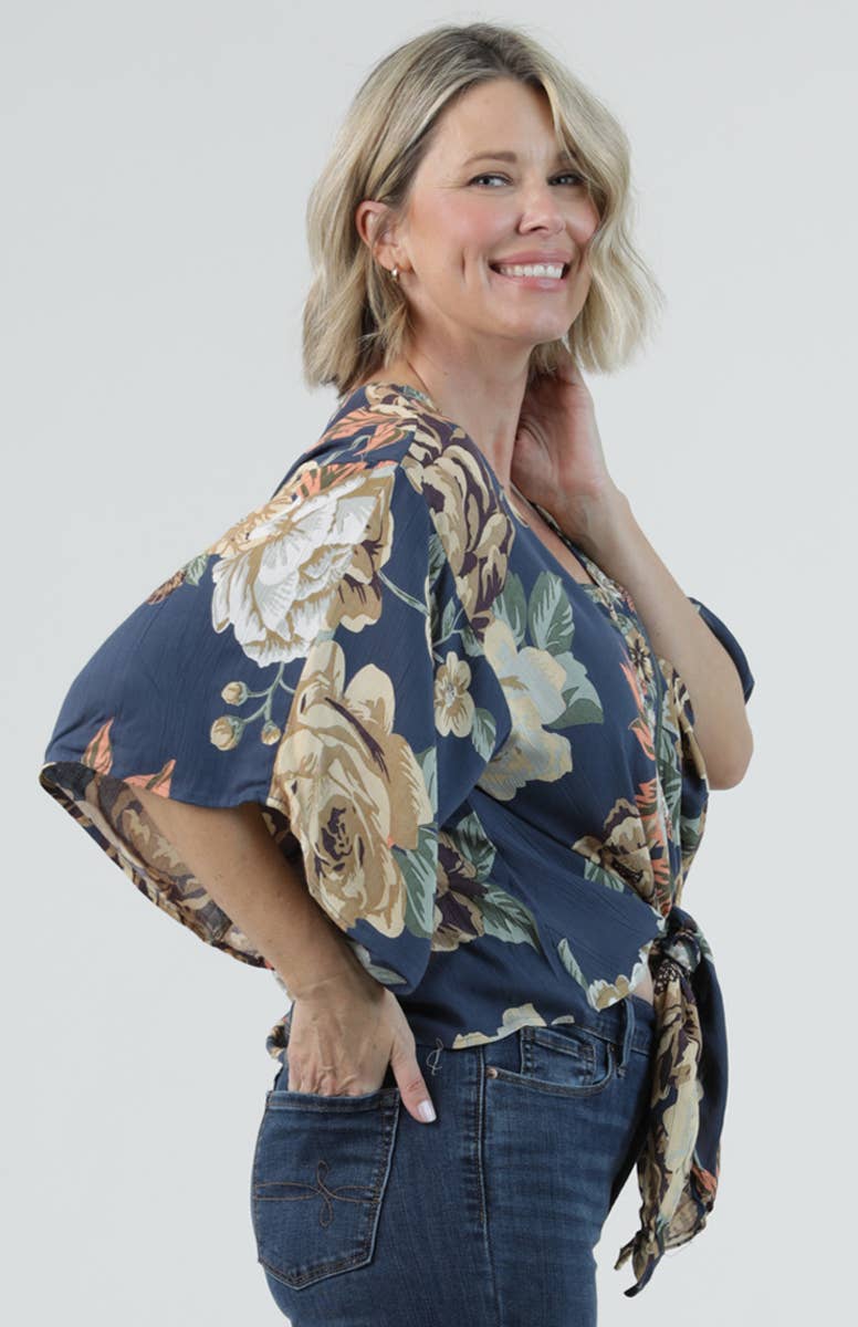 Shelia V Neck Tie Front Floral Top ~ Navy