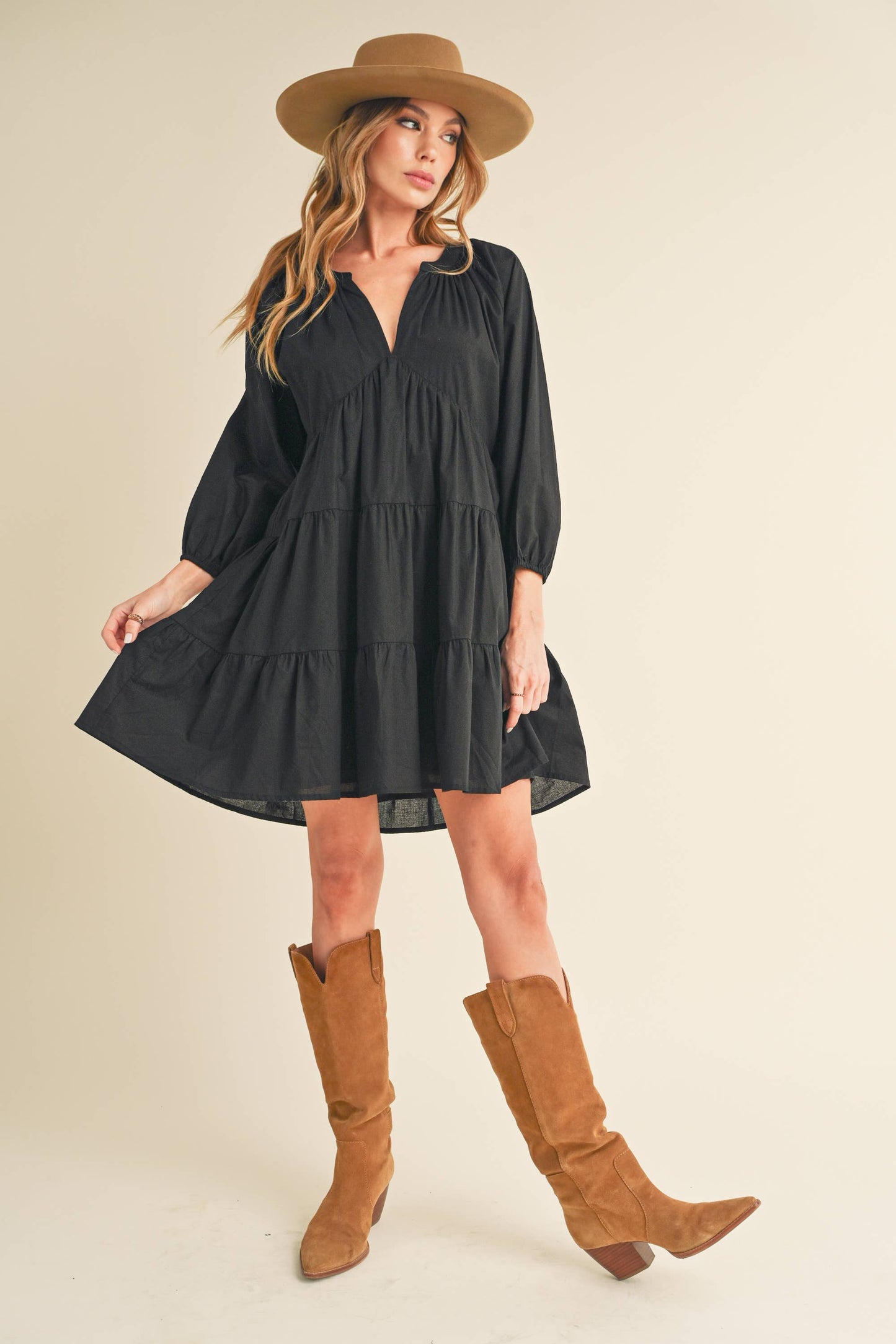 Jenay V Neck Tiered Mini Dress ~ Black