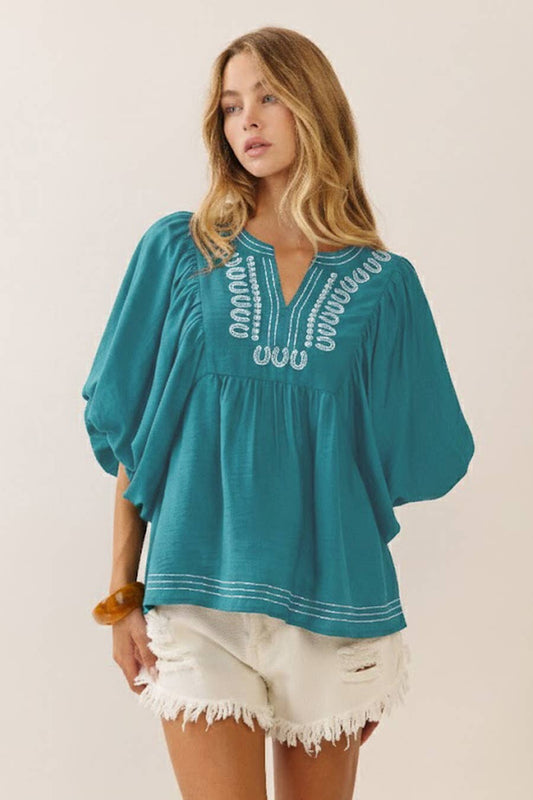 Avery Embroidered V-Neck Blouse ~ Ocean Teal