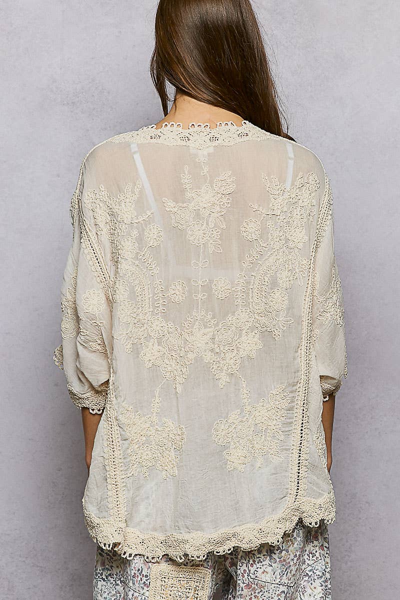 Veronia V-Neck Floral Embroidered Crochet Blouse Top ~ Natural