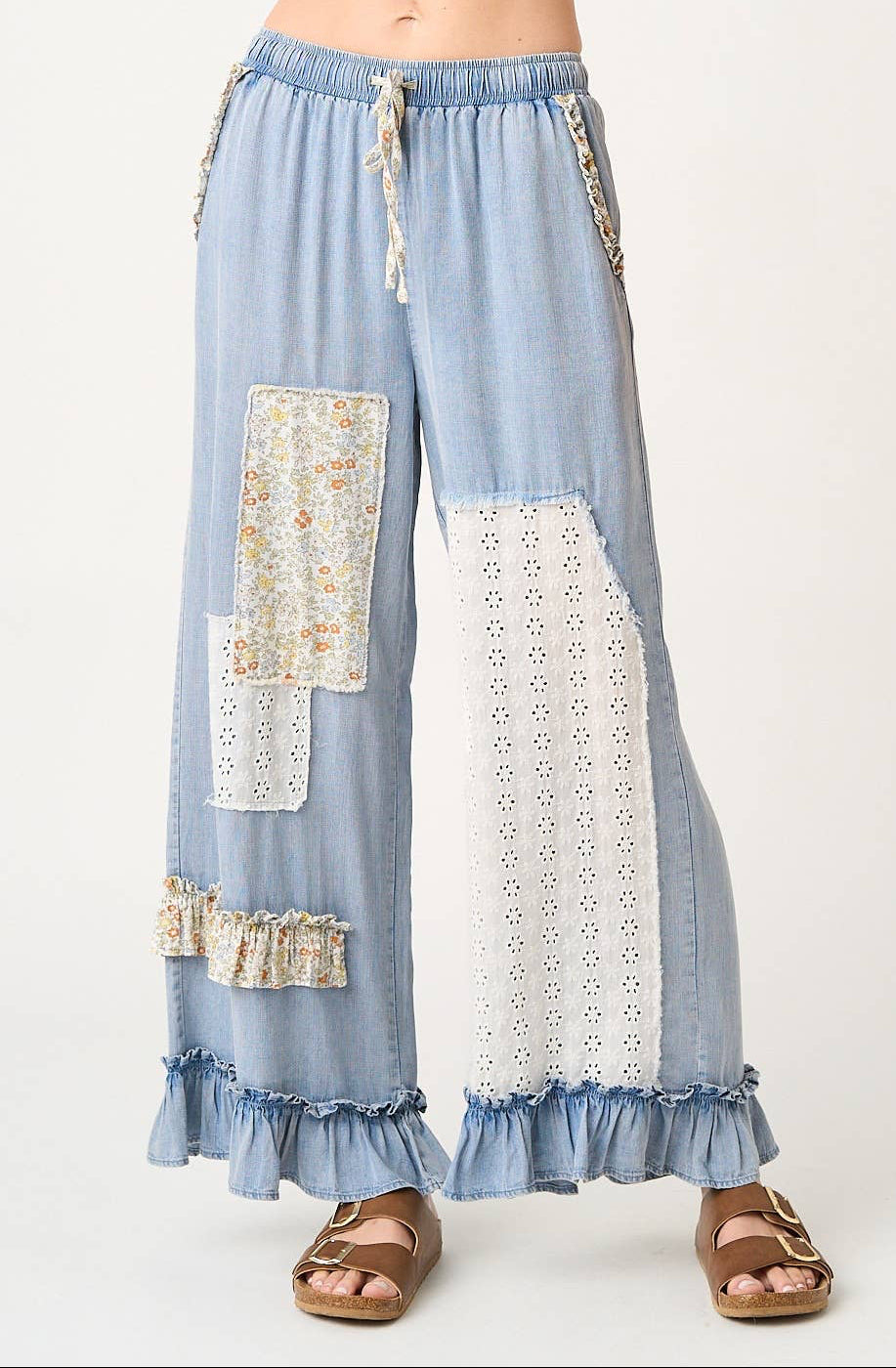 Washed Chambray Patchwork Wide Leg Pants ~ Light Denim