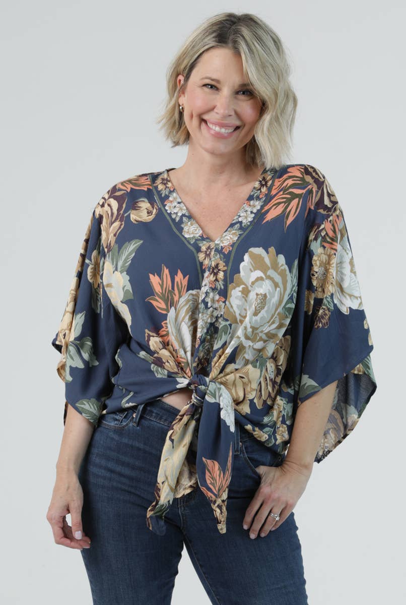Shelia V Neck Tie Front Floral Top ~ Navy