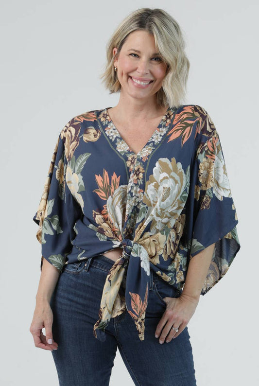 Shelia V Neck Tie Front Floral Top ~ Navy