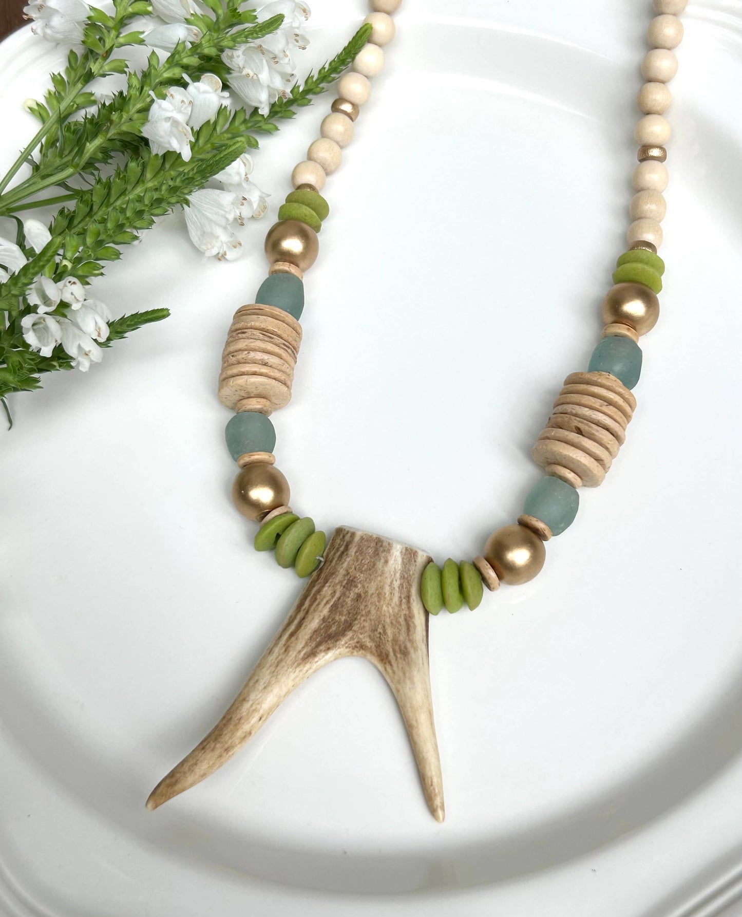 Long Deer Antler Chunky Beaded Necklace