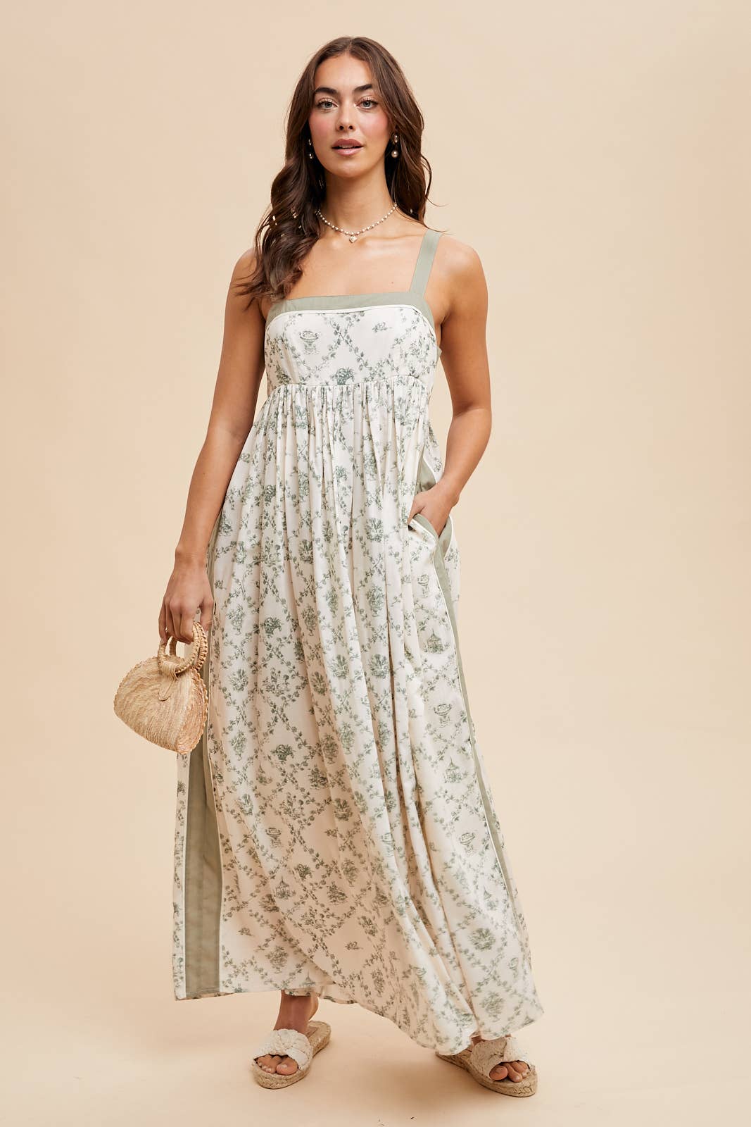 Thea Toile Print Strapy Maxi Dress ~ Natural/Olive
