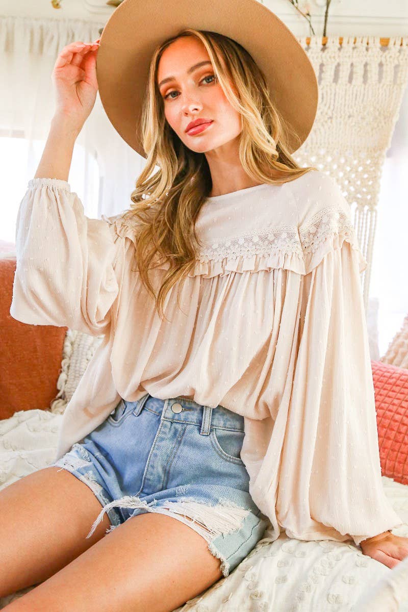 Mya Lace-Up Back Detail Swiss Dot Patterned Top ~ Natural