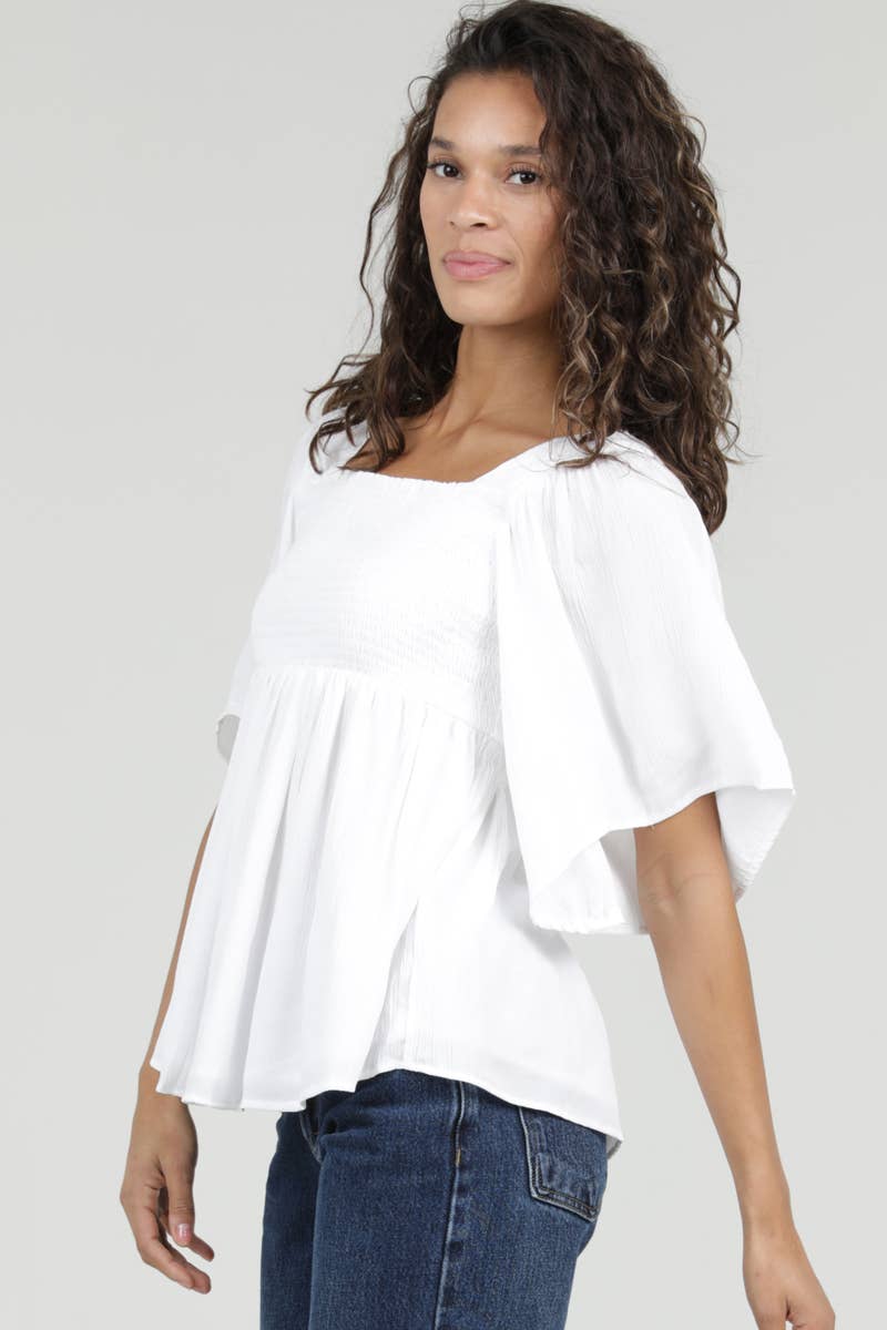 Samatha Smocked Wide Sleeve Top ~ White