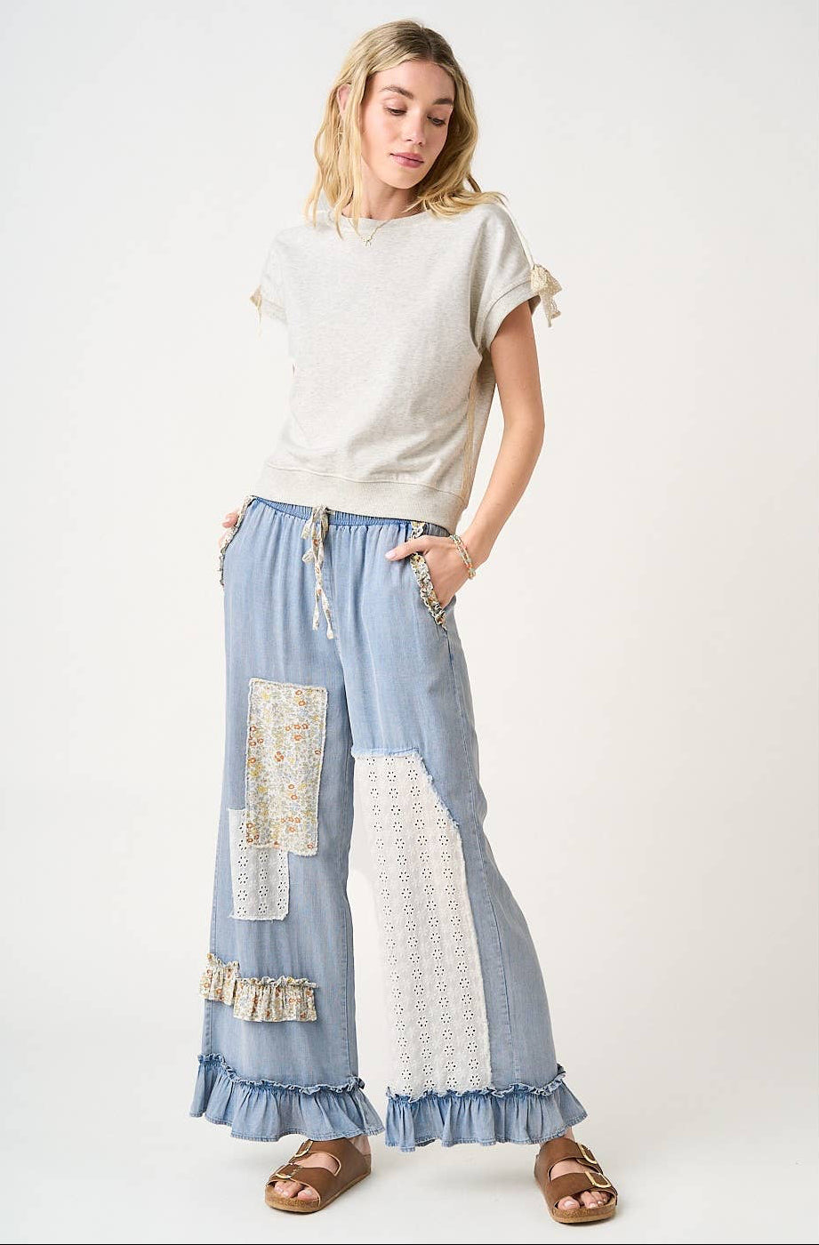 Washed Chambray Patchwork Wide Leg Pants ~ Light Denim