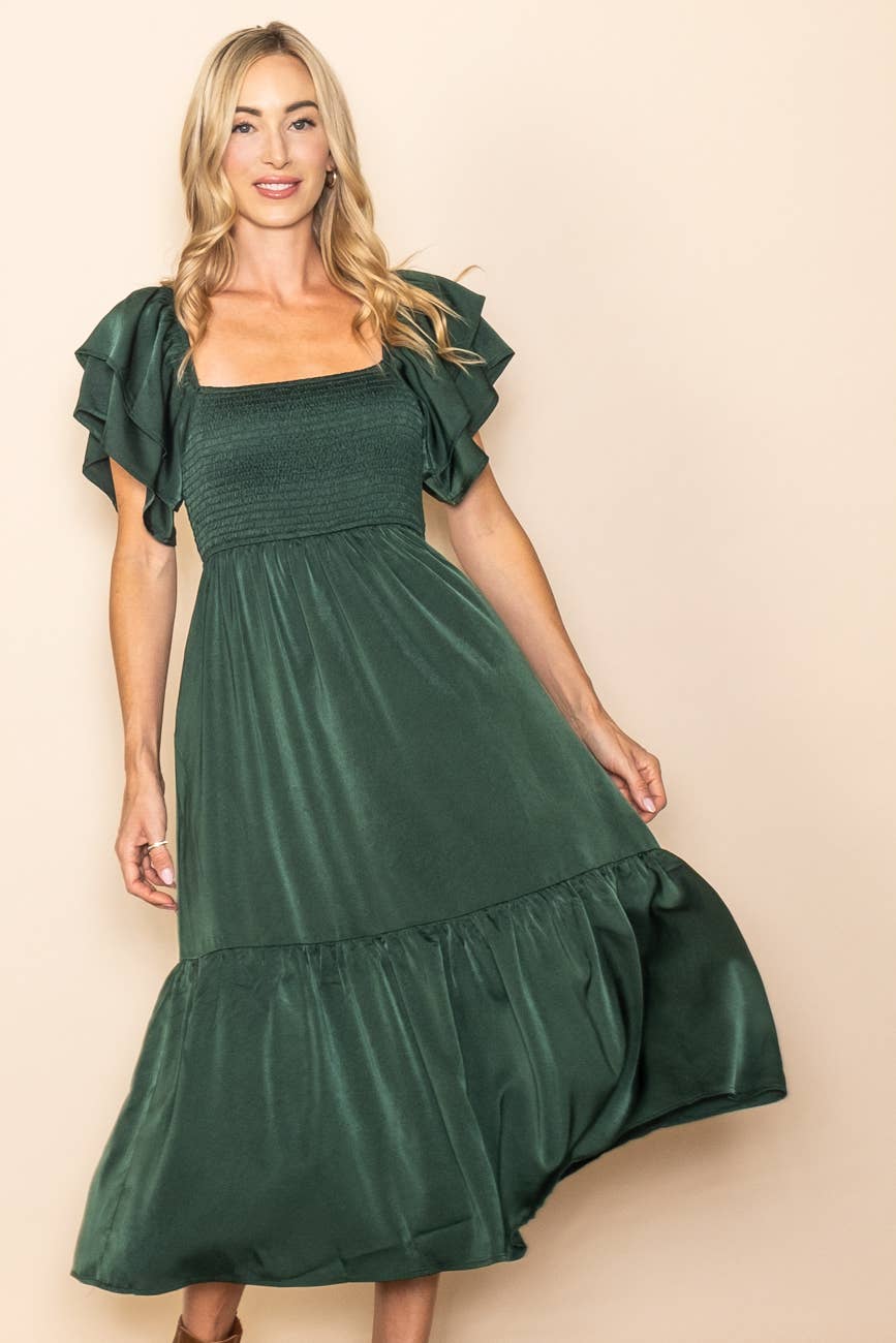Sloane Satin Flowy Flutter Sleeve Smocked Dress