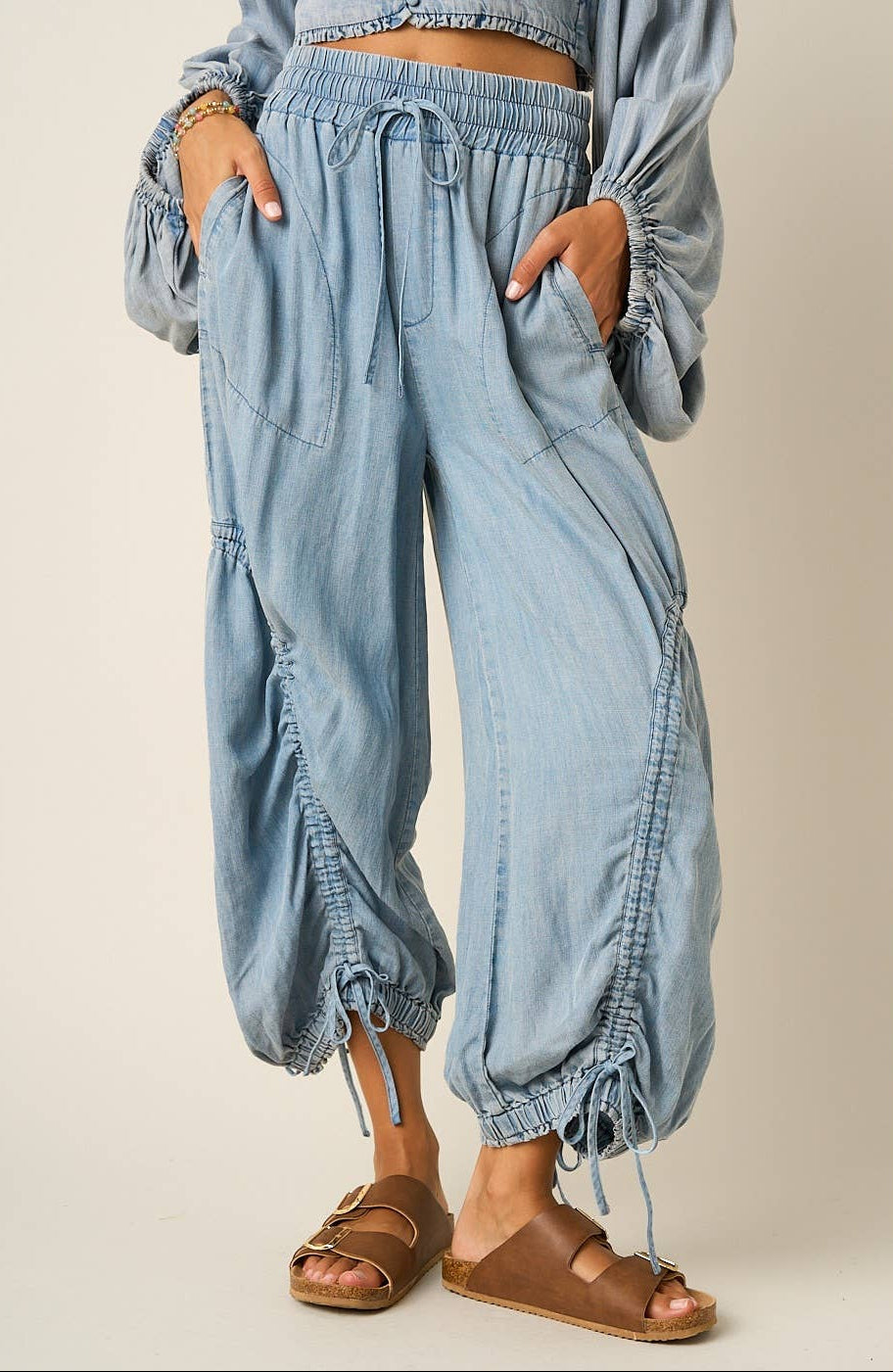 Whitley Washed Chambray Adjustable Leg Balloon Pants ~ Light Denim