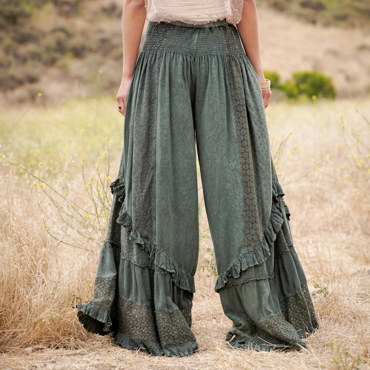 Boho Smocked Mineral Wash Lace Tiered Ruffle Pants ~ Basil