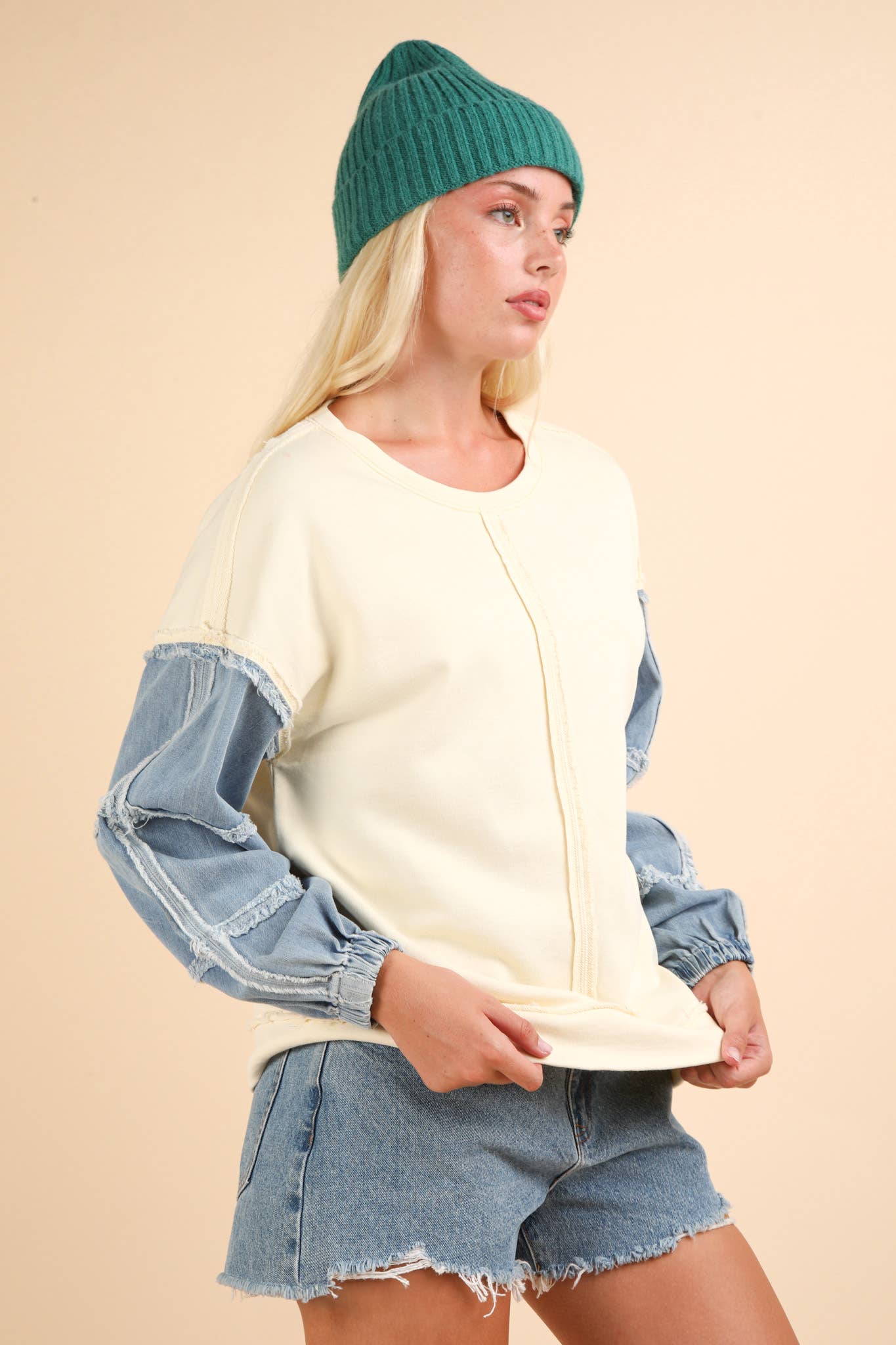 Angela Acid Washed Oversized Denim Sleeve Top ~ Cream