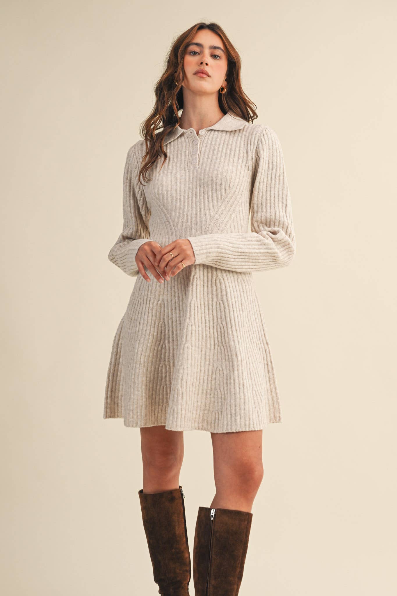Ruby Ribbed Sweater Flared Mini Dress ~ Oatmeal