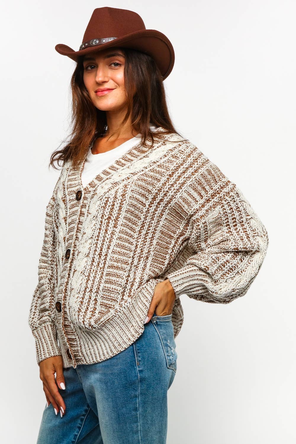 Tessa Two Tone Cable Chunky Sweater Cardigan ~ Oatmeal/Taupe